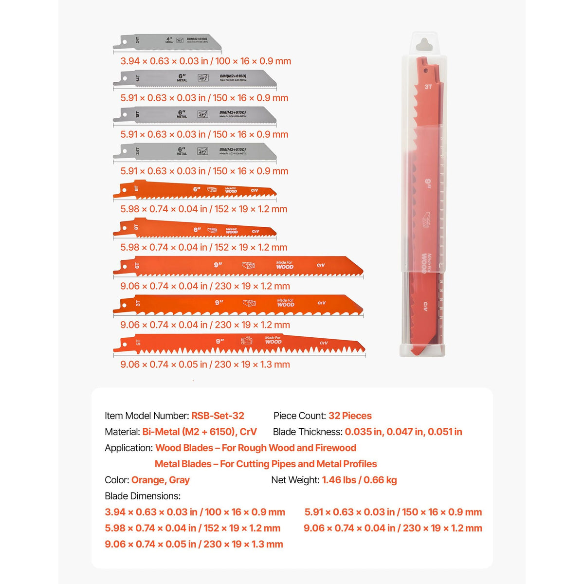 Reciprocating Saw Blades, 32-Piece, Various Sizes Bi-Metal Reciprocating Saw Blade Set with Universal Shank, for Metal and Wood Cutting, Sharp Teeth for Fast and Smooth Cuts, Orange and Gray
