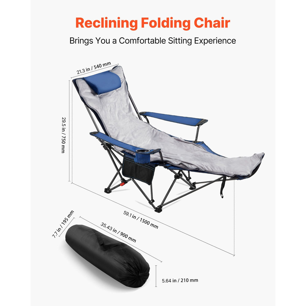 Reclining Camping Chair, 4 Adjustable Positions, Portable Folding Lounger for Adults, Mesh Beach Chair with Footrest & Plush Cushion, Supports 220 lbs, Heavy Duty Camp Chairs for Patio, Blue