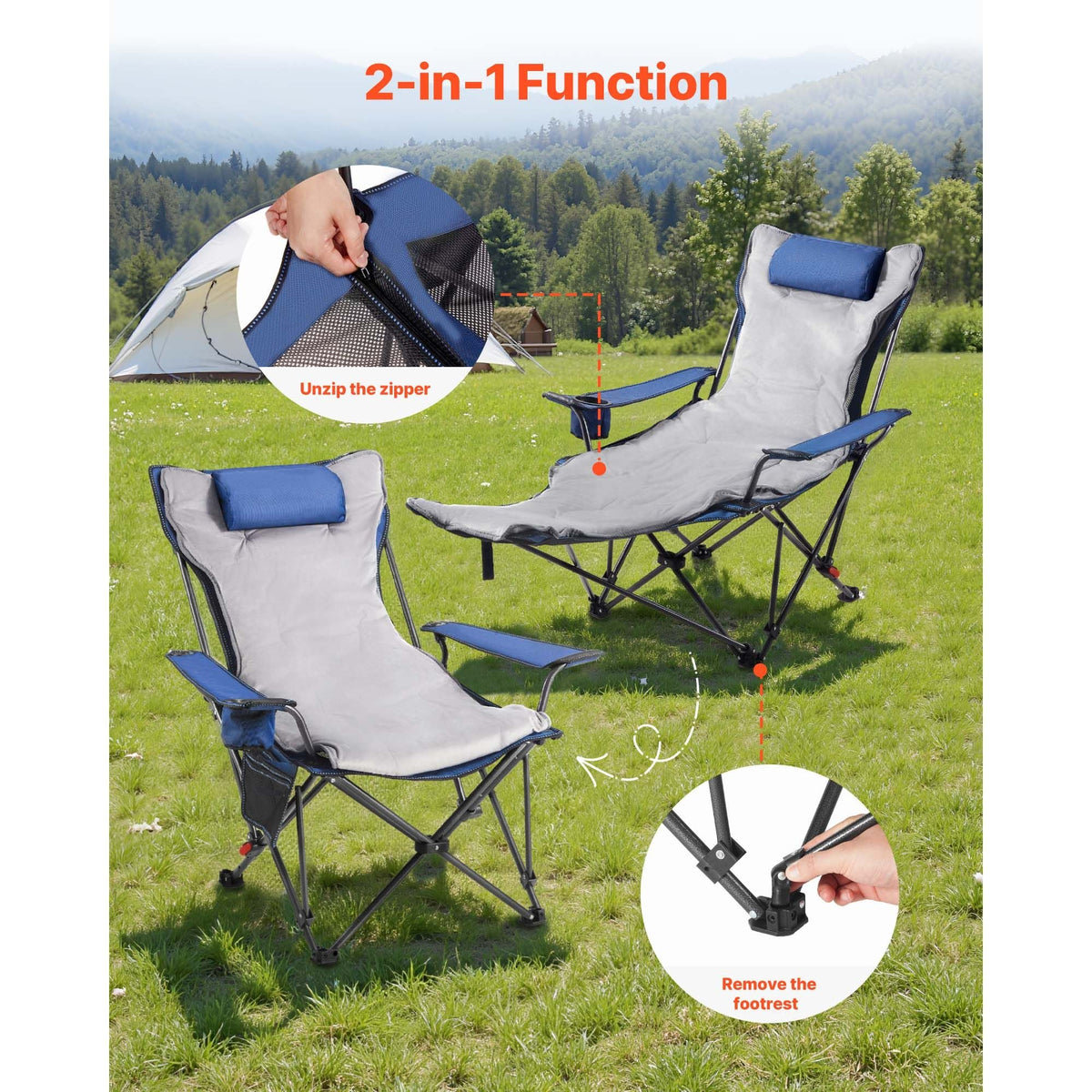 Reclining Camping Chair, 4 Adjustable Positions, Portable Folding Lounger for Adults, Mesh Beach Chair with Footrest & Plush Cushion, Supports 220 lbs, Heavy Duty Camp Chairs for Patio, Blue