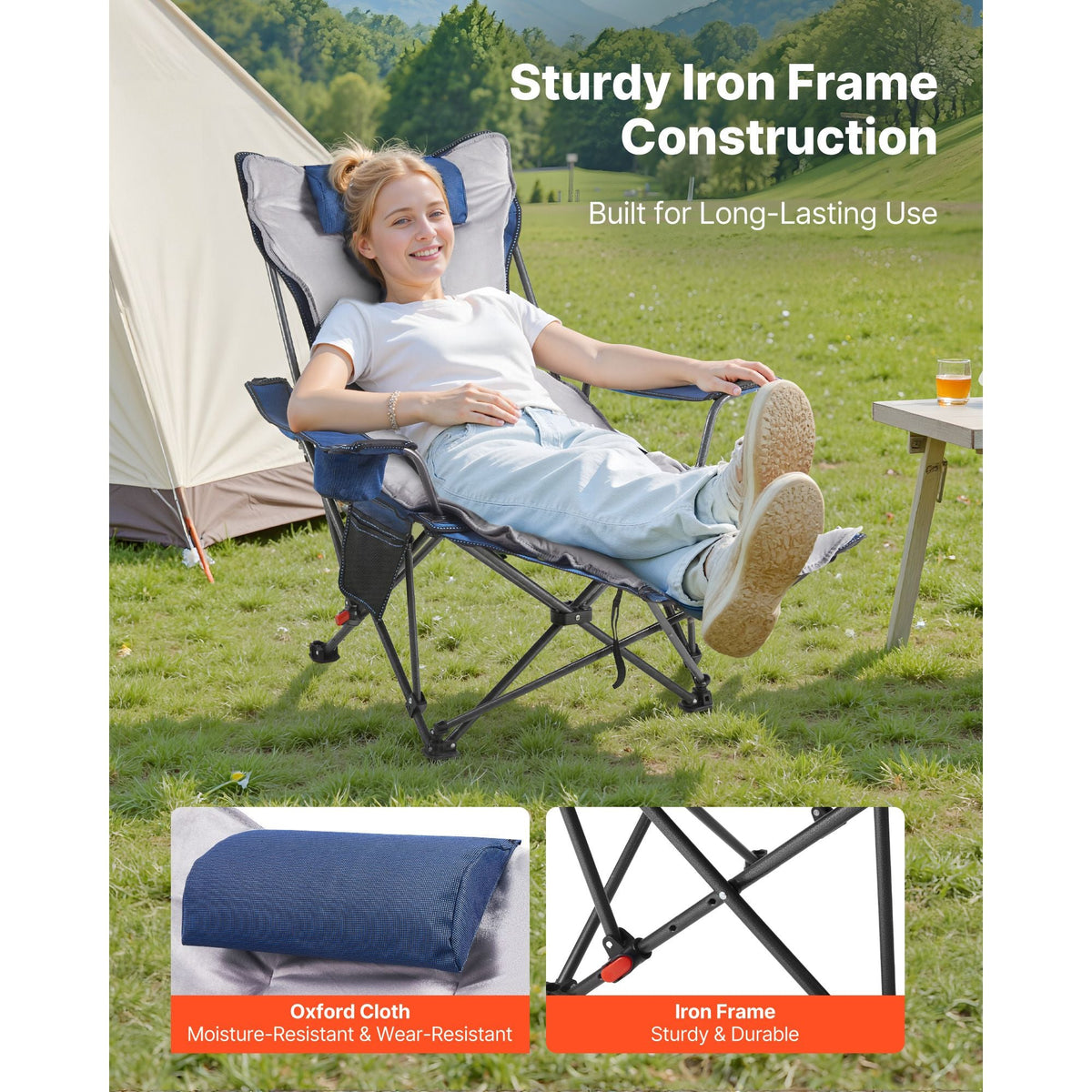 Reclining Camping Chair, 4 Adjustable Positions, Portable Folding Lounger for Adults, Mesh Beach Chair with Footrest & Plush Cushion, Supports 220 lbs, Heavy Duty Camp Chairs for Patio, Blue
