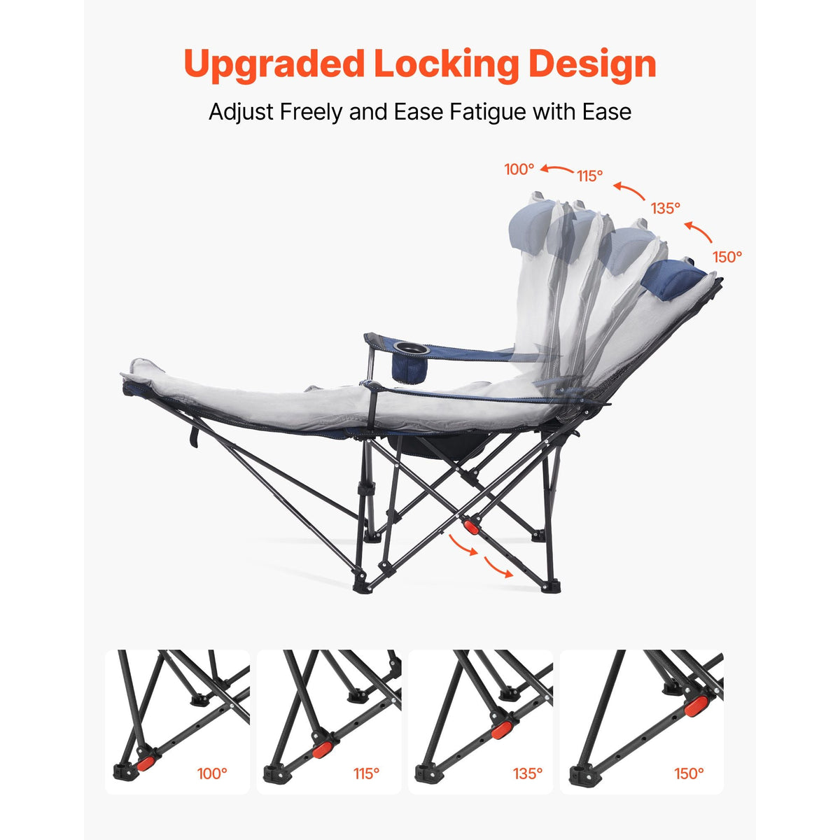 Reclining Camping Chair, 4 Adjustable Positions, Portable Folding Lounger for Adults, Mesh Beach Chair with Footrest & Plush Cushion, Supports 220 lbs, Heavy Duty Camp Chairs for Patio, Blue