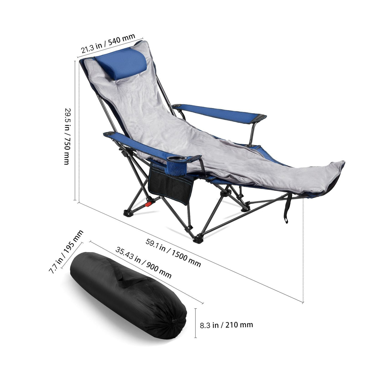 Reclining Camping Chair, 4 Adjustable Positions, Portable Folding Lounger for Adults, Mesh Beach Chair with Footrest & Plush Cushion, Supports 220 lbs, Heavy Duty Camp Chairs for Patio, Blue