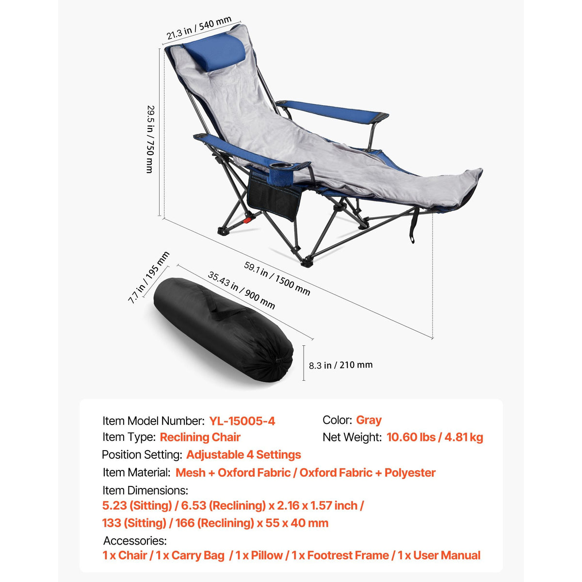 Reclining Camping Chair, 4 Adjustable Positions, Portable Folding Lounger for Adults, Mesh Beach Chair with Footrest & Plush Cushion, Supports 220 lbs, Heavy Duty Camp Chairs for Patio, Blue