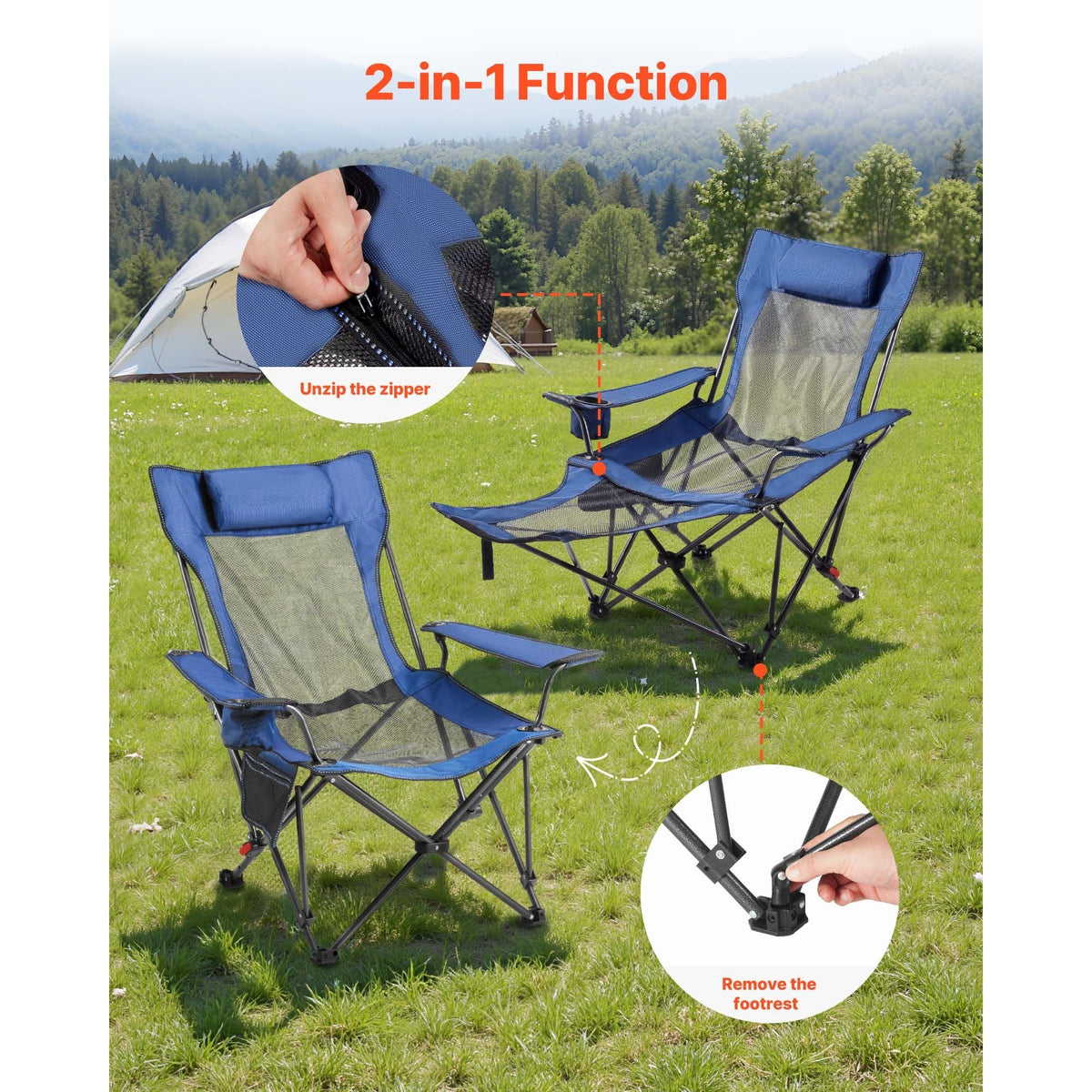 Reclining Camping Chair, 4 Adjustable Positions, Portable Folding Lounger for Adults, Mesh Beach Chair with Headrest & Foot Rest, Supports 220 lbs, Heavy Duty Camp Chairs for Patio, Blue