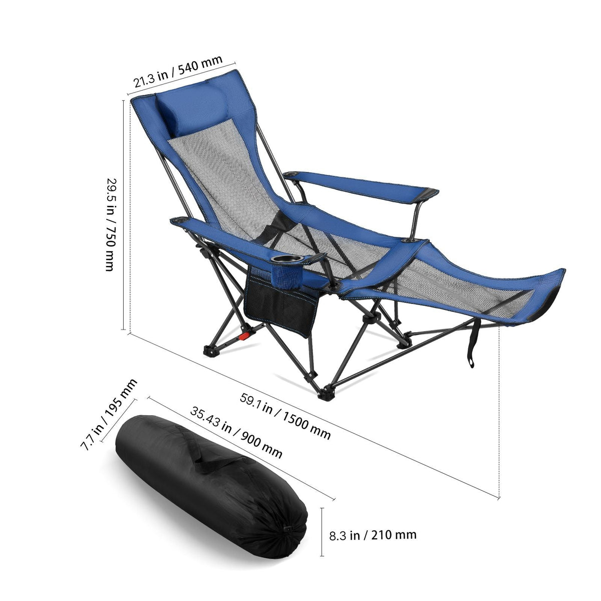 Reclining Camping Chair, 4 Adjustable Positions, Portable Folding Lounger for Adults, Mesh Beach Chair with Headrest & Foot Rest, Supports 220 lbs, Heavy Duty Camp Chairs for Patio, Blue