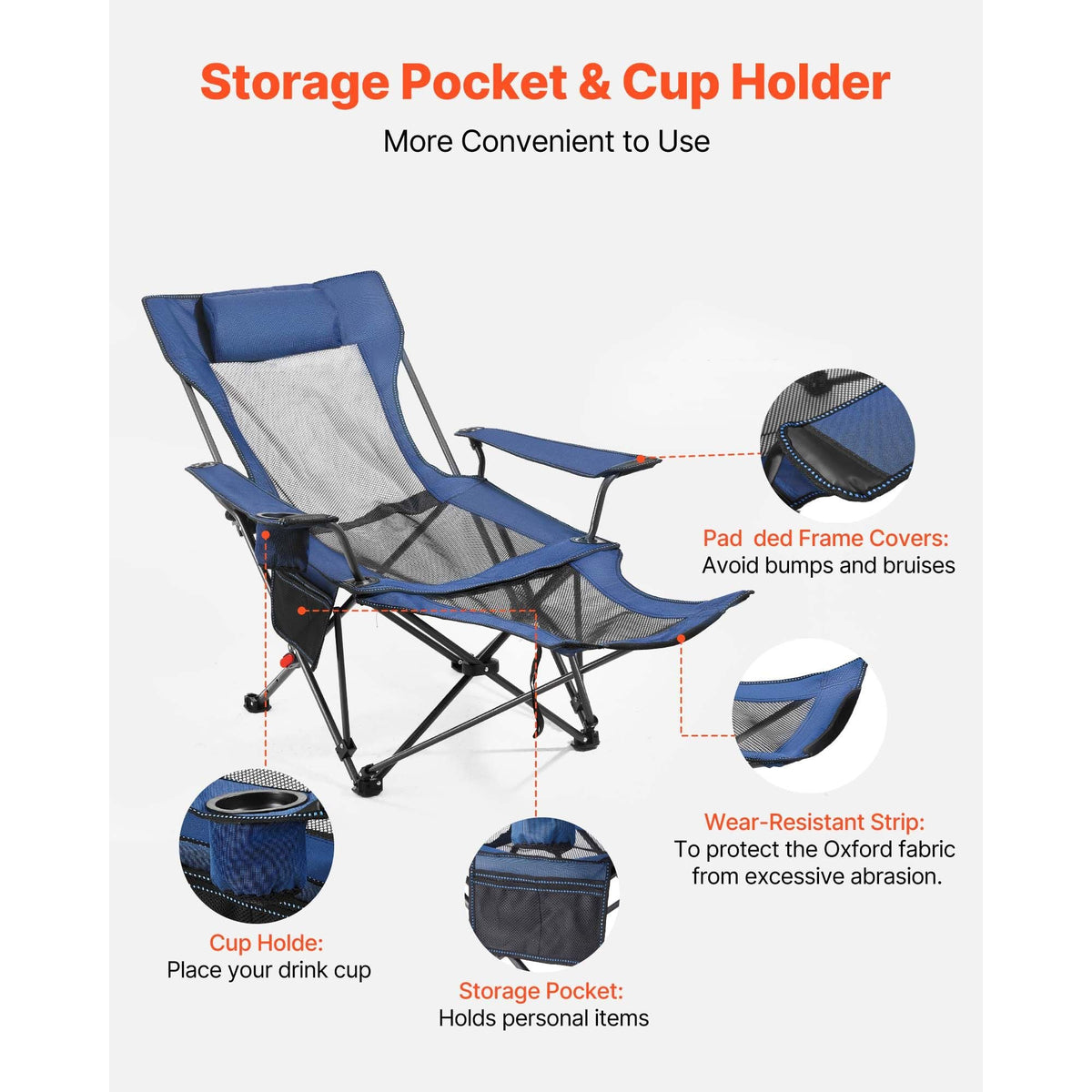 Reclining Camping Chair, 4 Adjustable Positions, Portable Folding Lounger for Adults, Mesh Beach Chair with Headrest & Foot Rest, Supports 220 lbs, Heavy Duty Camp Chairs for Patio, Blue