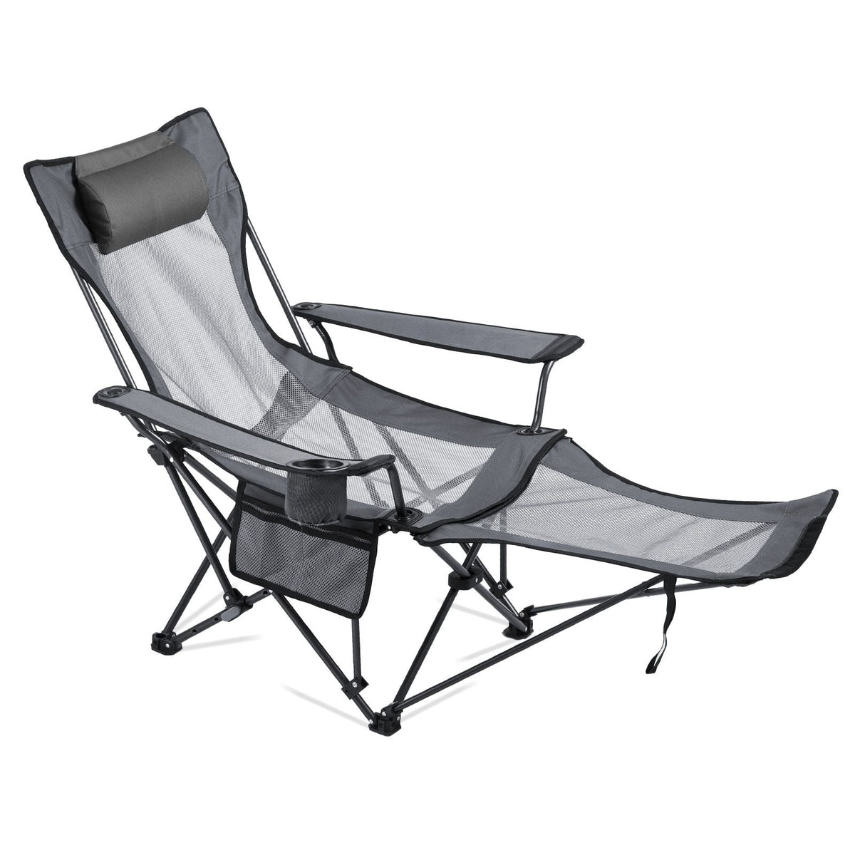 Reclining Camping Chair, 4 Adjustable Positions, Portable Folding Lounger for Adults, Mesh Beach Chair with Headrest & Foot Rest, Supports 220 lbs, Heavy Duty Camp Chairs for Patio, Gray
