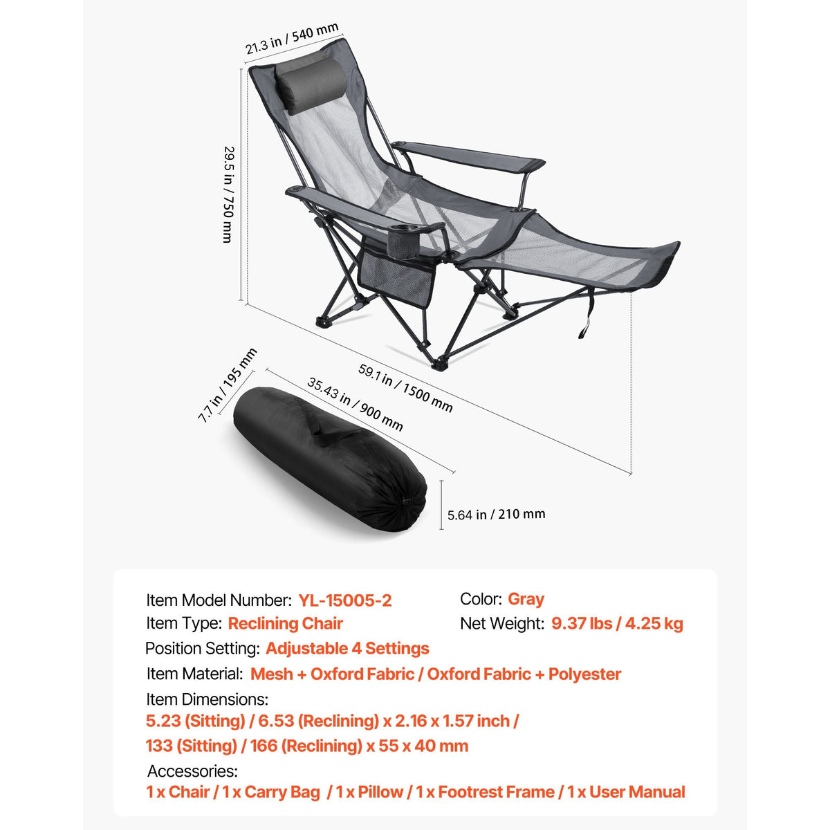 Reclining Camping Chair, 4 Adjustable Positions, Portable Folding Lounger for Adults, Mesh Beach Chair with Headrest & Foot Rest, Supports 220 lbs, Heavy Duty Camp Chairs for Patio, Gray