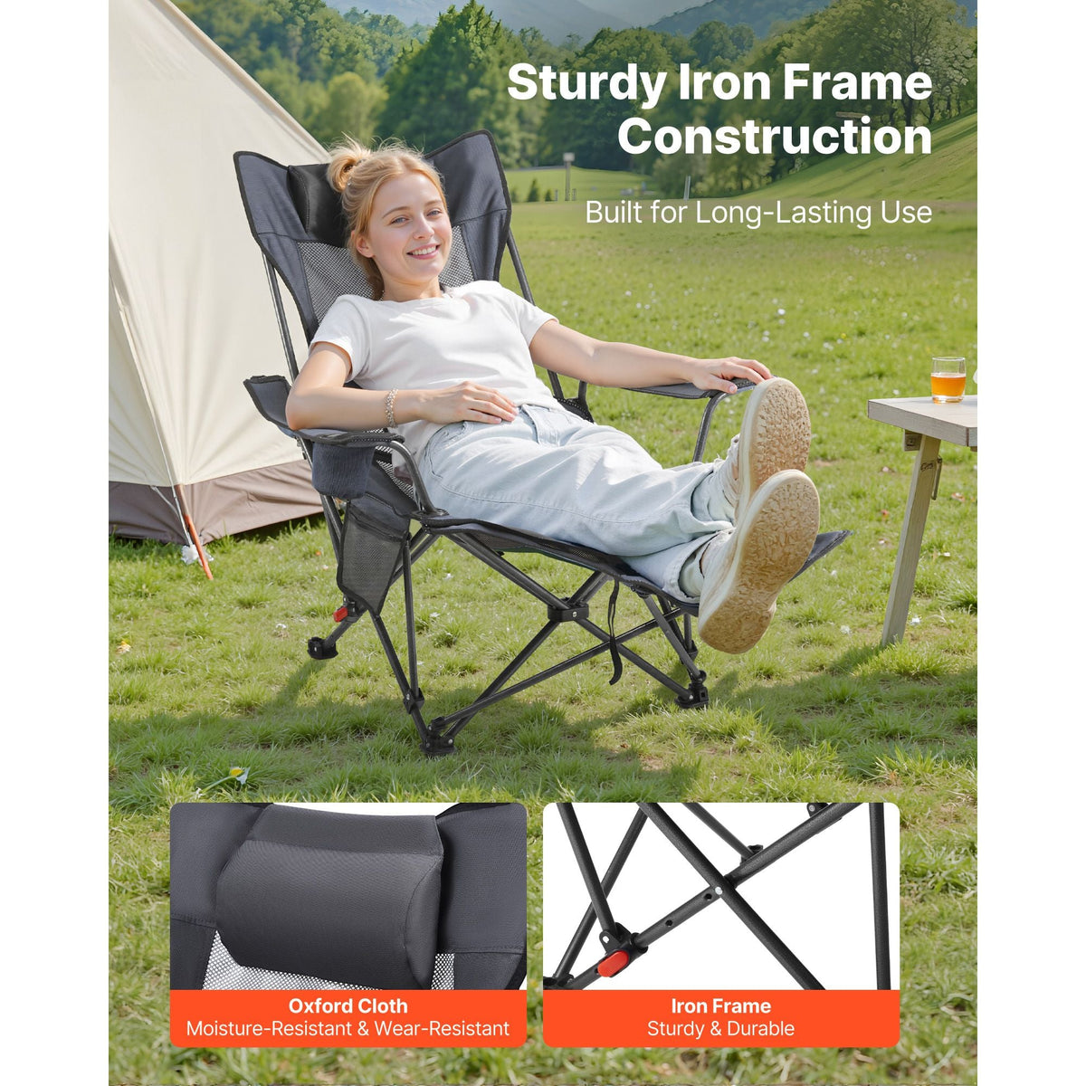 Reclining Camping Chair, 4 Adjustable Positions, Portable Folding Lounger for Adults, Mesh Beach Chair with Headrest & Foot Rest, Supports 220 lbs, Heavy Duty Camp Chairs for Patio, Gray