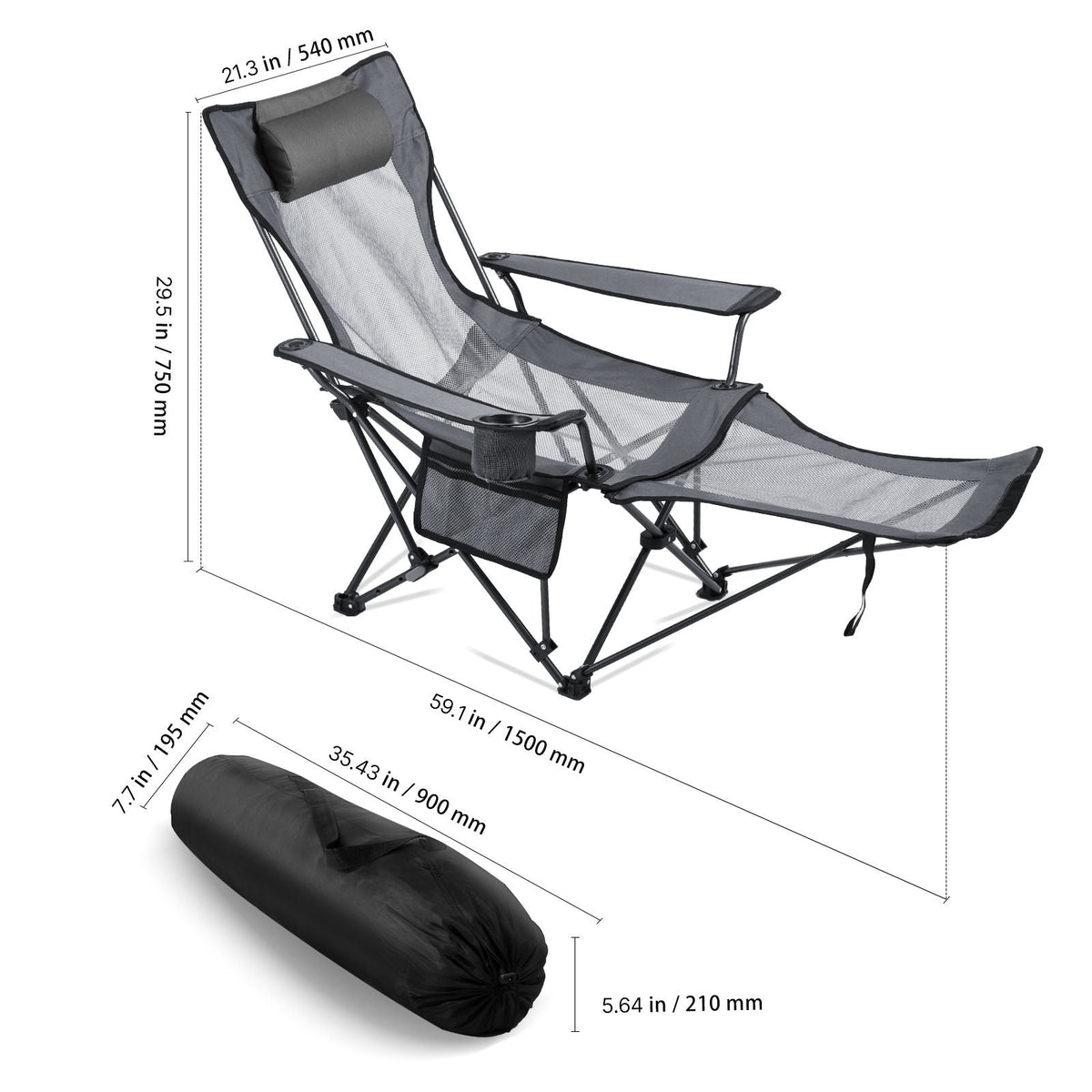 Reclining Camping Chair, 4 Adjustable Positions, Portable Folding Lounger for Adults, Mesh Beach Chair with Headrest & Foot Rest, Supports 220 lbs, Heavy Duty Camp Chairs for Patio, Gray