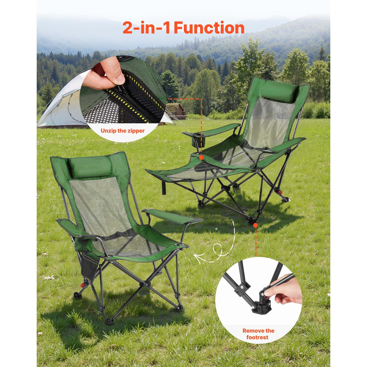 Reclining Camping Chair, 4 Adjustable Positions, Portable Folding Lounger for Adults, Mesh Beach Chair with Headrest & Foot Rest, Supports 220 lbs, Heavy Duty Camp Chairs for Patio, Green