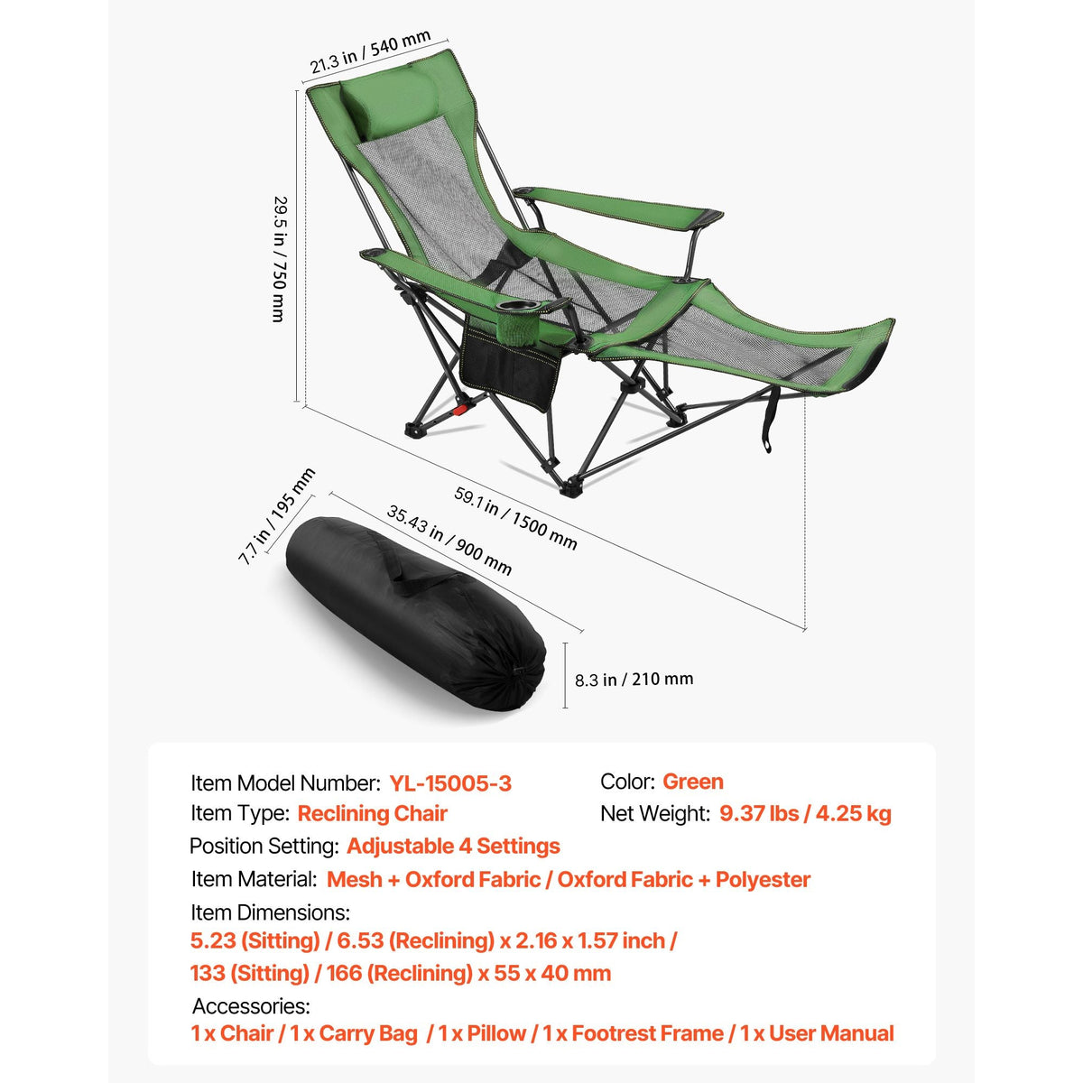 Reclining Camping Chair, 4 Adjustable Positions, Portable Folding Lounger for Adults, Mesh Beach Chair with Headrest & Foot Rest, Supports 220 lbs, Heavy Duty Camp Chairs for Patio, Green
