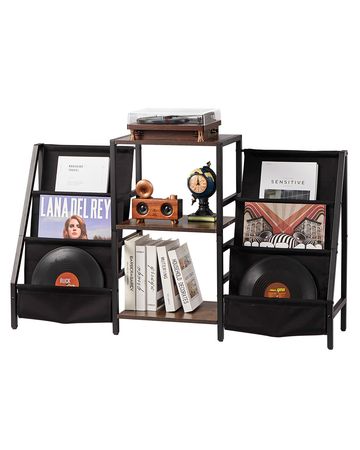 Record Player Stand, 3 Tiers Metal Vinyl Record Stand, Turntable Stand with Record Holder Vinyl Display Shelf, Wooden Record Holder Ideal for Bedroom, Living Room, Black