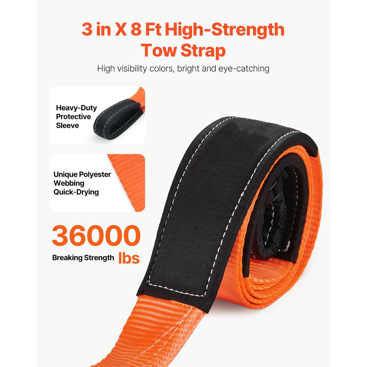 Recovery Tow Strap 3 inches, 8 feet 36,000 lbs Break Strength, Triple Reinforced Loop Straps, Tree Saver, Winch Line Extension Strap, Off Road Towing and Recovery, Extreme Weather Resistance