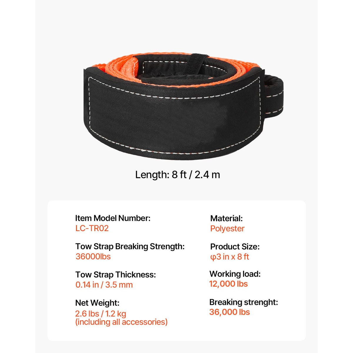 Recovery Tow Strap 3 inches, 8 feet 36,000 lbs Break Strength, Triple Reinforced Loop Straps, Tree Saver, Winch Line Extension Strap, Off Road Towing and Recovery, Extreme Weather Resistance