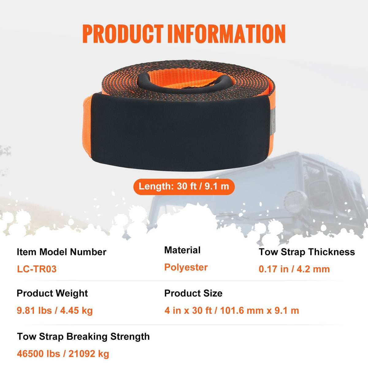 Recovery Tow Strap 4" x 30', 46,500 lbs Break Strength, Triple Reinforced Loop Straps, Tree Saver, Off Road Towing and Recovery, Extreme Weather Resistance, Protective Sleeves & Storage Bag