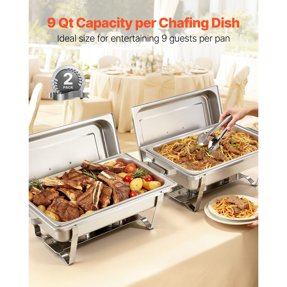 Rectangle Chafing Dish, 9 Qt 2 Pack Stainless Steel Chafing Dish, Food Warmer Chafer Complete Set with Hollow Handle, 1 Food Tongs, Lid, Fuel Holder, Chafer Dishes for Banquet Party Wedding