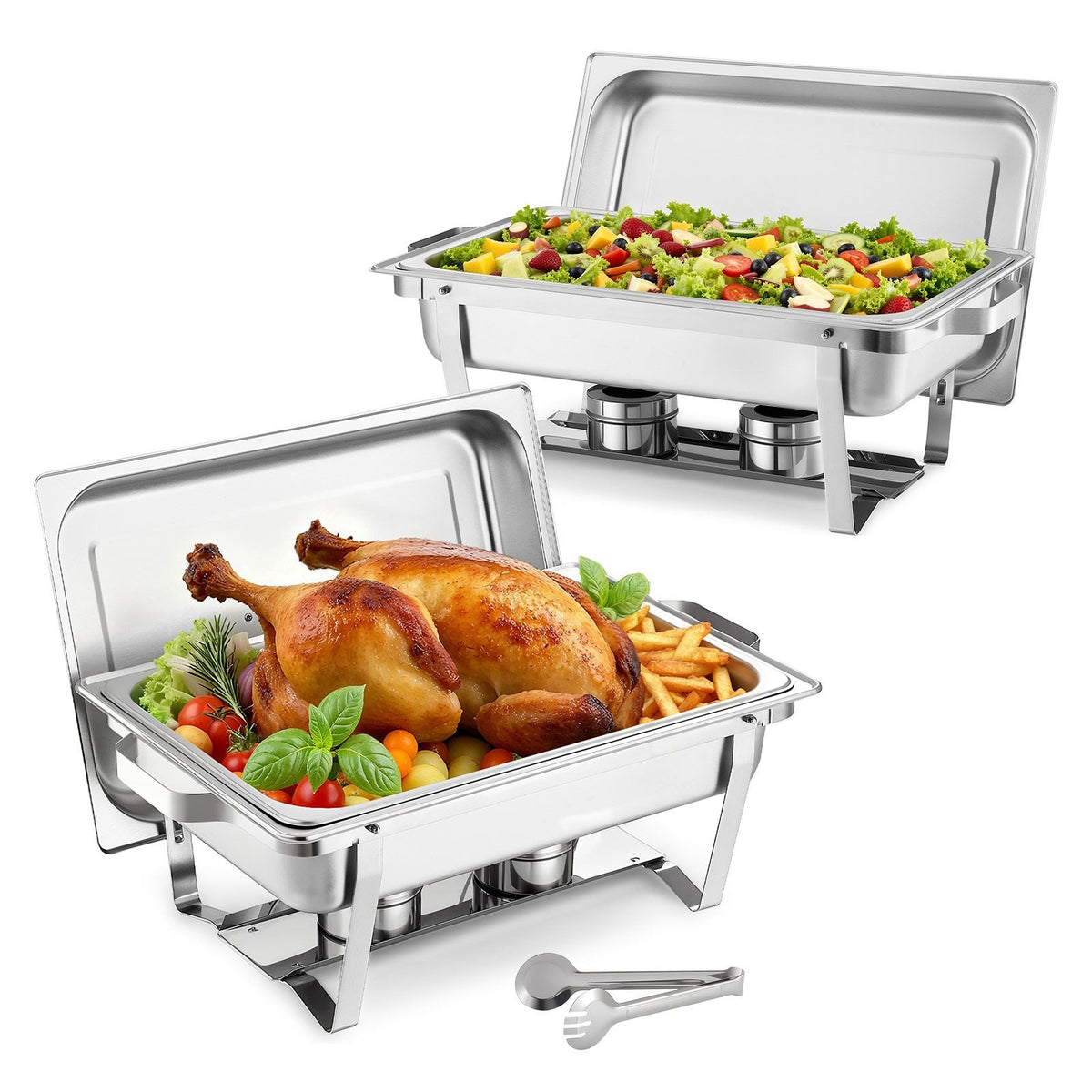 Rectangle Chafing Dish, 9 Qt 2 Pack Stainless Steel Chafing Dish, Food Warmer Chafer Complete Set with Hollow Handle, 1 Food Tongs, Lid, Fuel Holder, Chafer Dishes for Banquet Party Wedding