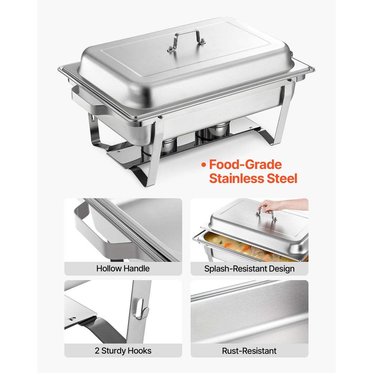 Rectangle Chafing Dish, 9 Qt 2 Pack Stainless Steel Chafing Dish, Food Warmer Chafer Complete Set with Hollow Handle, 1 Food Tongs, Lid, Fuel Holder, Chafer Dishes for Banquet Party Wedding