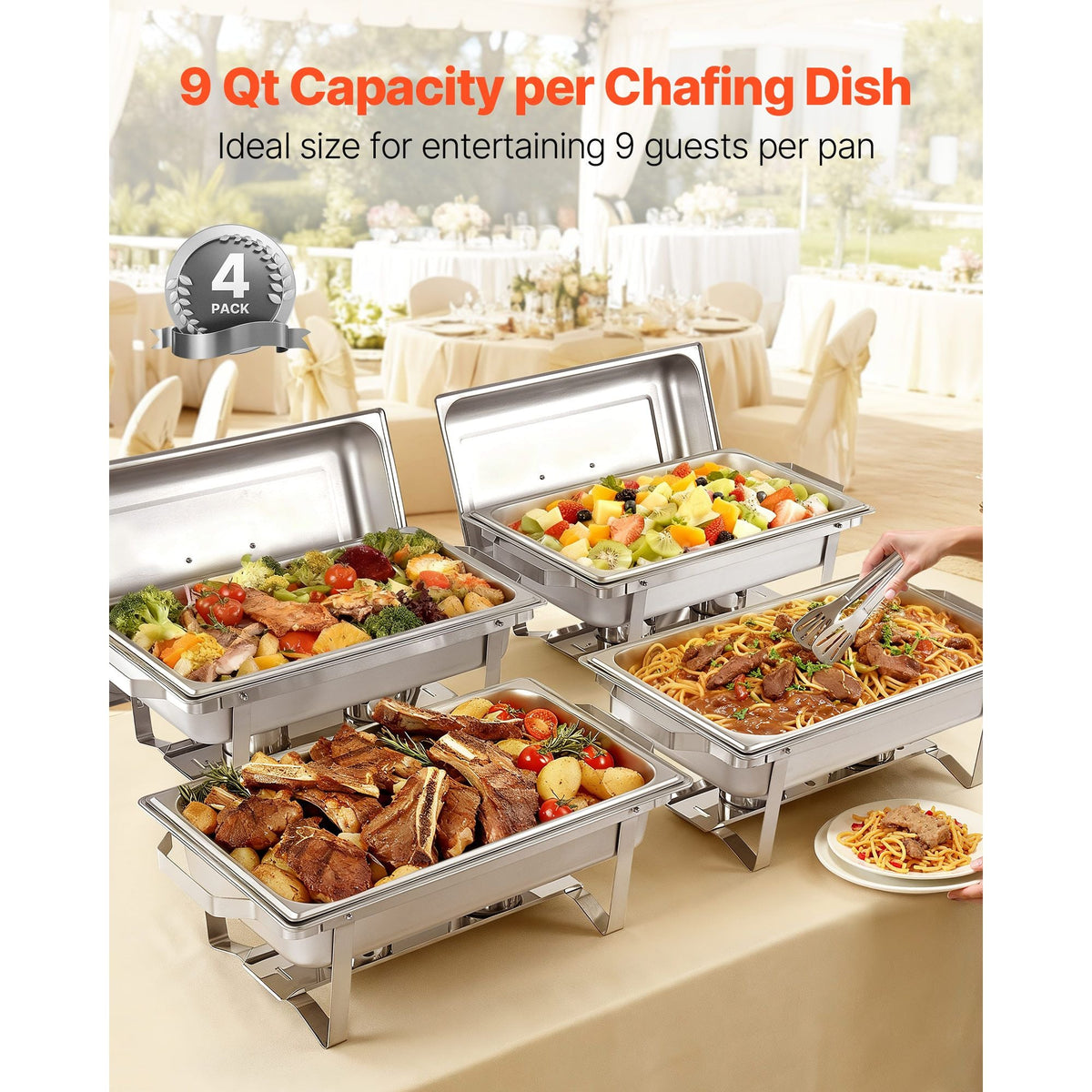 Rectangle Chafing Dish, 9 Qt 4 Pack Stainless Steel Chafing Dish, Food Warmer Chafer Complete Set with Hollow Handle, 2 Food Tongs, Lid, Fuel Holder, Chafer Dishes for Banquet Party Wedding