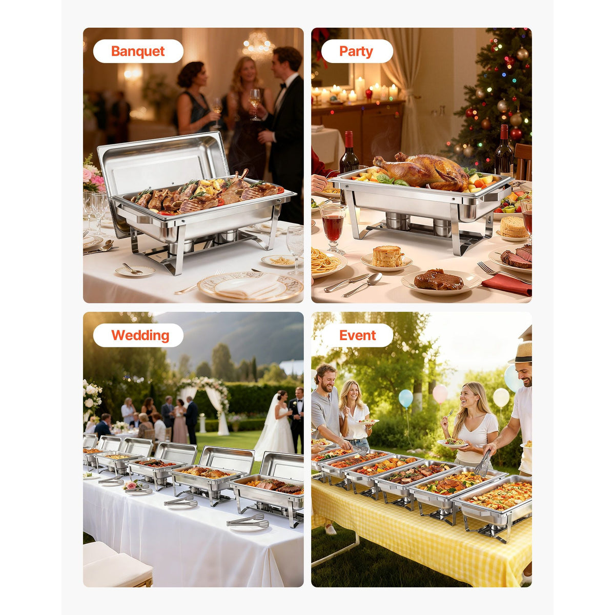 Rectangle Chafing Dish, 9 Qt 6 Pack Stainless Steel Chafing Dish, Food Warmer Chafer Complete Set with Hollow Handle, 3 Food Tongs, Lid, Fuel Holder, Chafer Dishes for Banquet Party Wedding