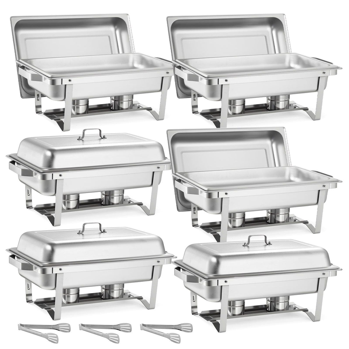 Rectangle Chafing Dish, 9 Qt 6 Pack Stainless Steel Chafing Dish, Food Warmer Chafer Complete Set with Hollow Handle, 3 Food Tongs, Lid, Fuel Holder, Chafer Dishes for Banquet Party Wedding