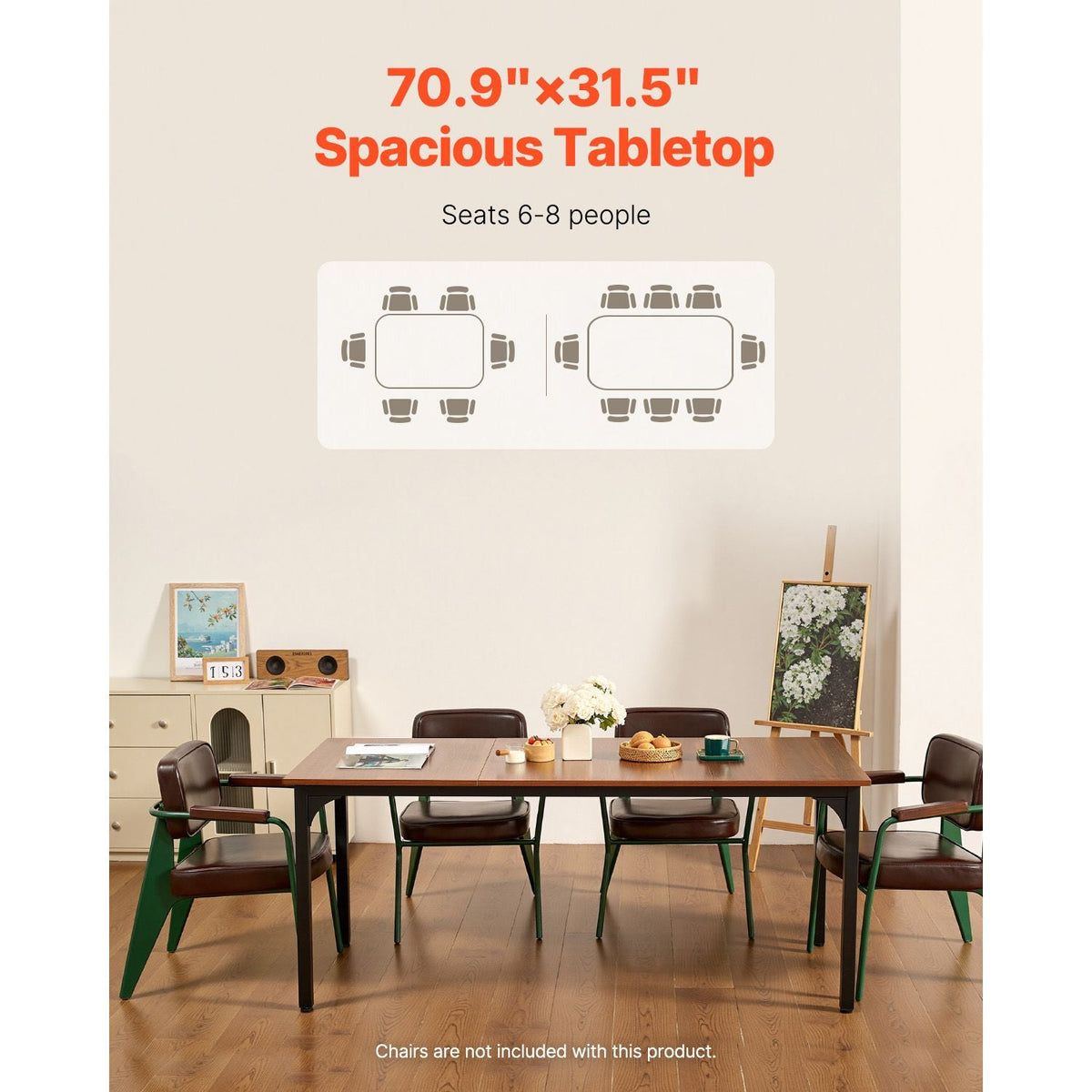 Rectangle Dining Table, 71 inch Length Large Wood Tables for 6-8 Person, Farmhouse Dinner Furniture, Rustic Conference Desk with Iron Legs, for Home Kitchen Living Room, Brown(Only Table)