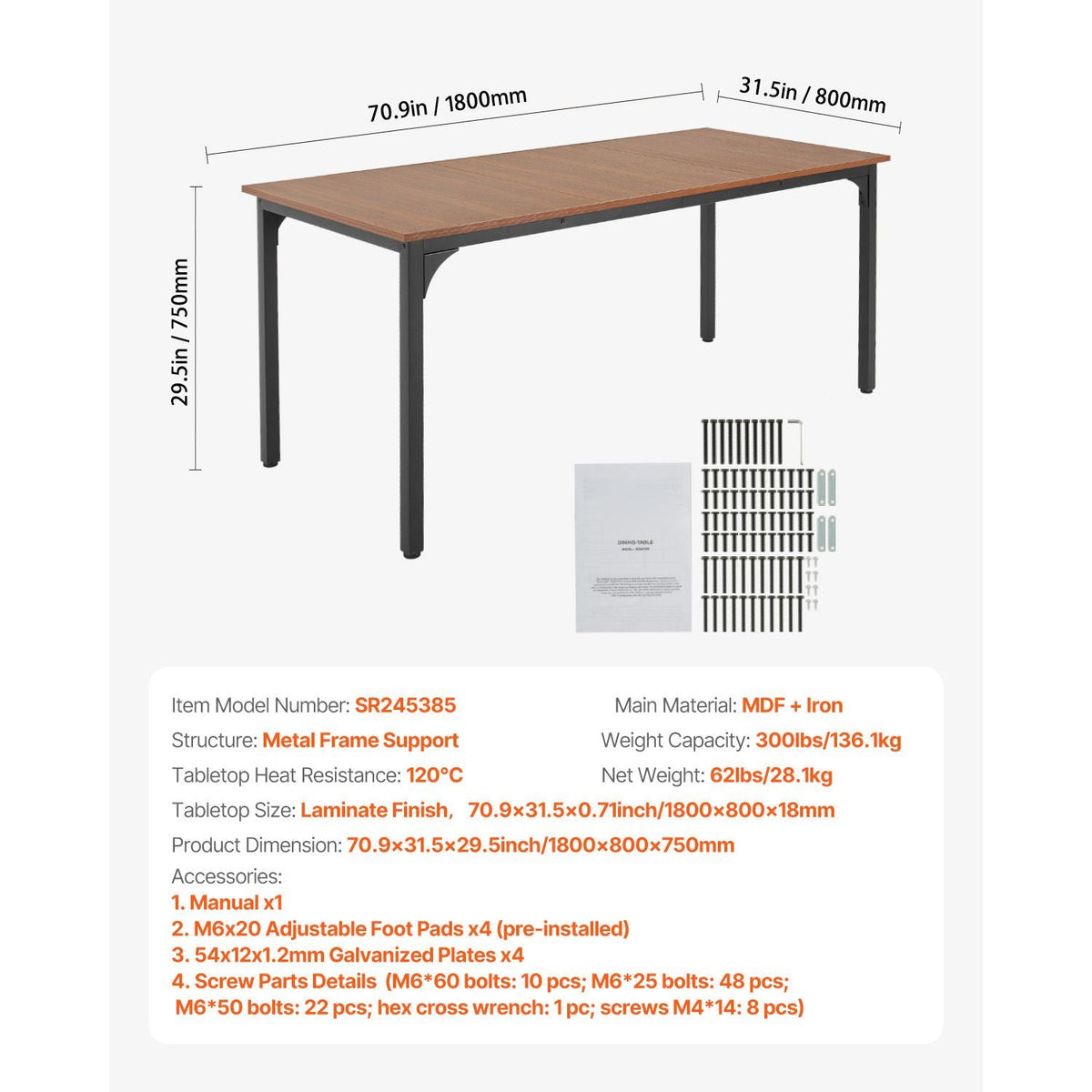 Rectangle Dining Table, 71 inch Length Large Wood Tables for 6-8 Person, Farmhouse Dinner Furniture, Rustic Conference Desk with Iron Legs, for Home Kitchen Living Room, Brown(Only Table)