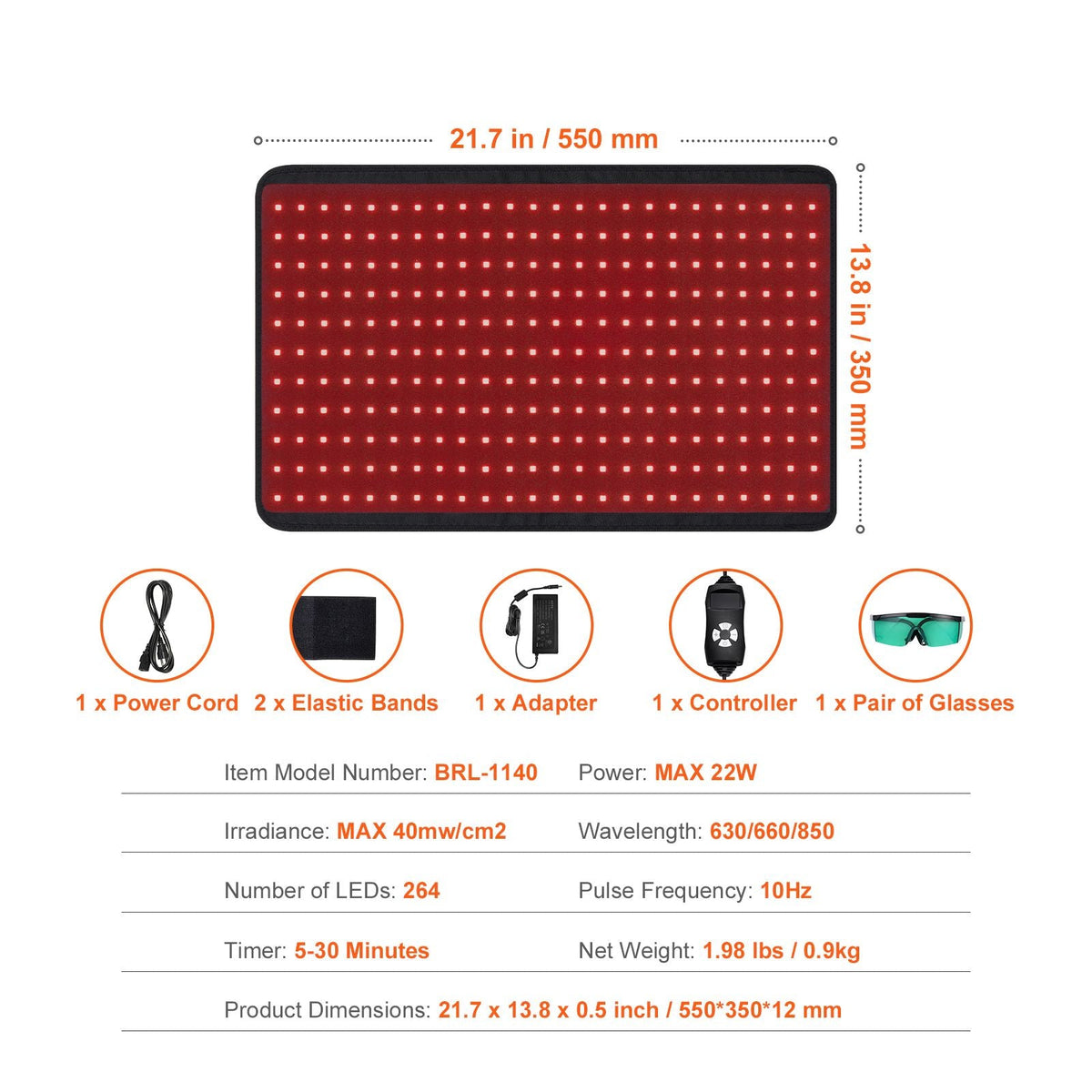 Red Light Therapy for Body, 264 LEDs Light Therapy Pad with Controller, 10Hz Pulse, 5-30 Min Timer, 630nm Nano Red & 660nm Red & 850nm Light Therapy for Pain Relief, Skin Health