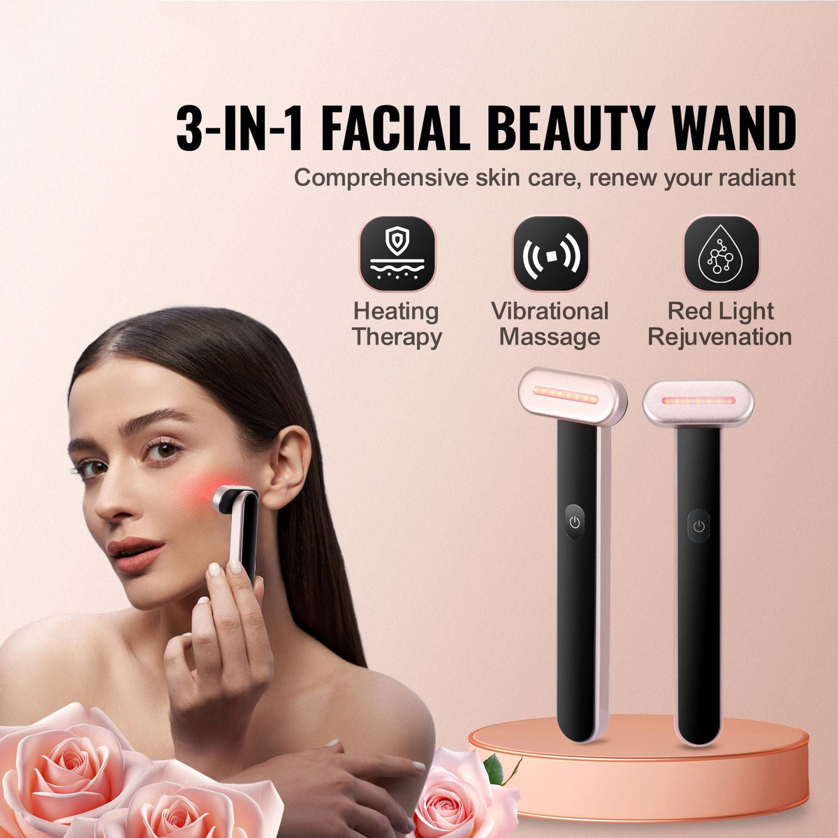 Red Light Therapy Wand for Face and Neck, 3-in-1 LED Facial Wand Red Light Therapy Device with Heating Therapy| Vibrating Facial Massage, Portable LED Beauty Wand
