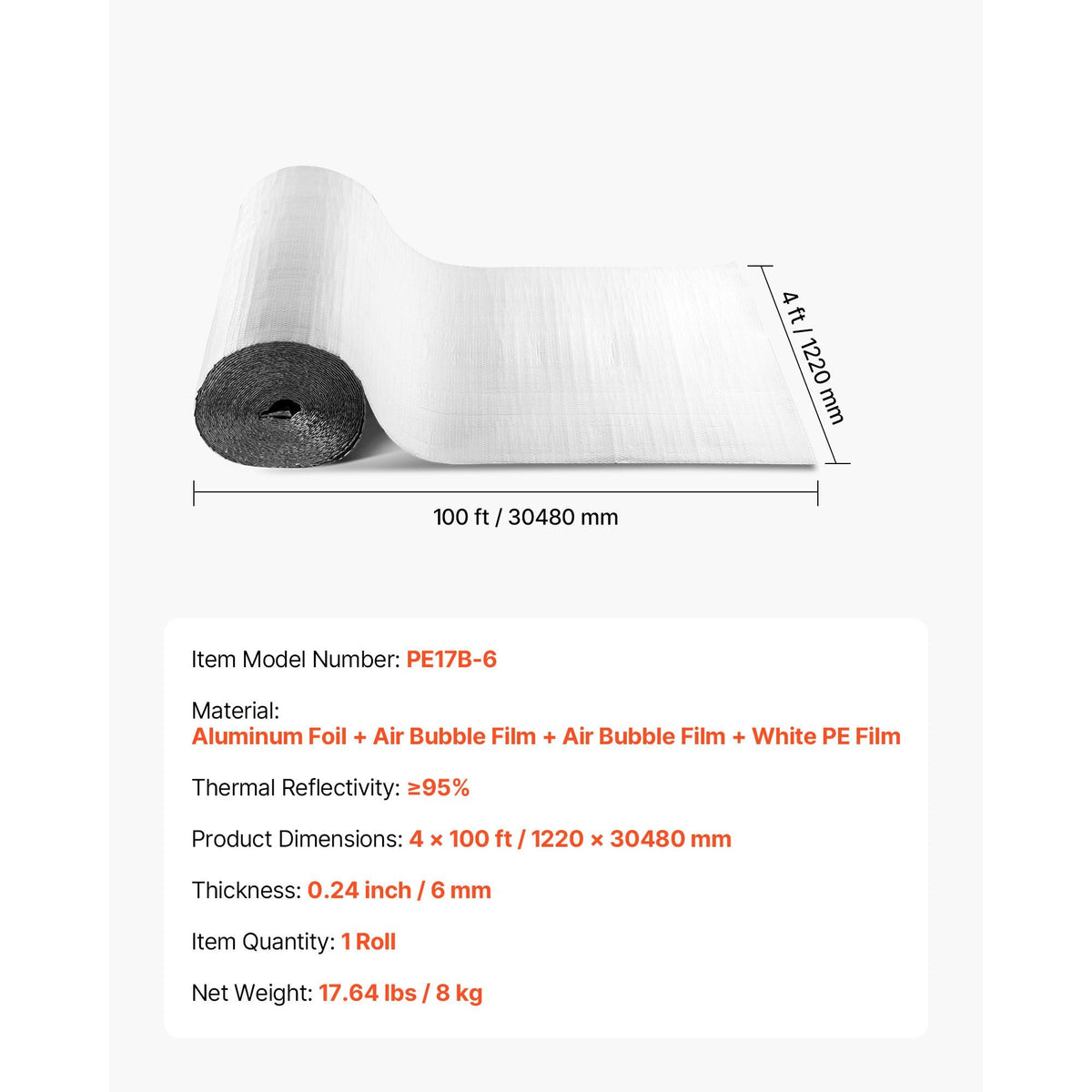 Reflective Insulation Roll, Double-Layer Air Bubble Radiant Barrier, 6mm 48 in x 100 ft, Aluminum Foil White PE Film Heat Reflective Shield, Thermal Insulation Roll for Garage Window RV Roofs