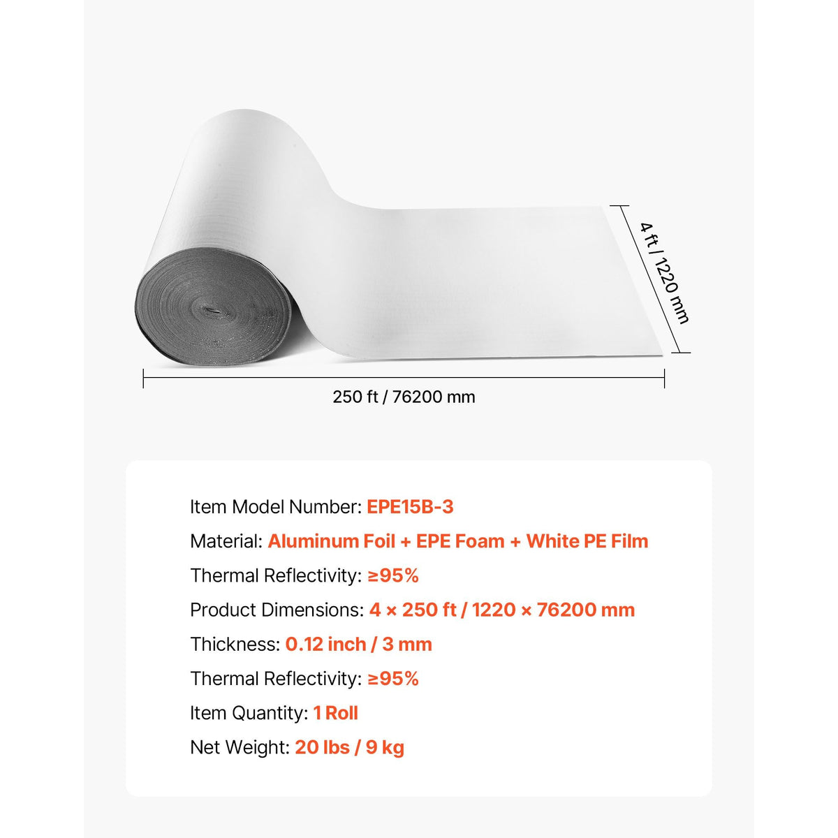 Reflective Insulation Roll, EPE Foam Core Radiant Barrier, 3mm 48 in x 250 ft, Aluminum Foil White PE Film Heat Reflective Shield, Thermal Insulation Roll for Garage Door Window RV Roofs