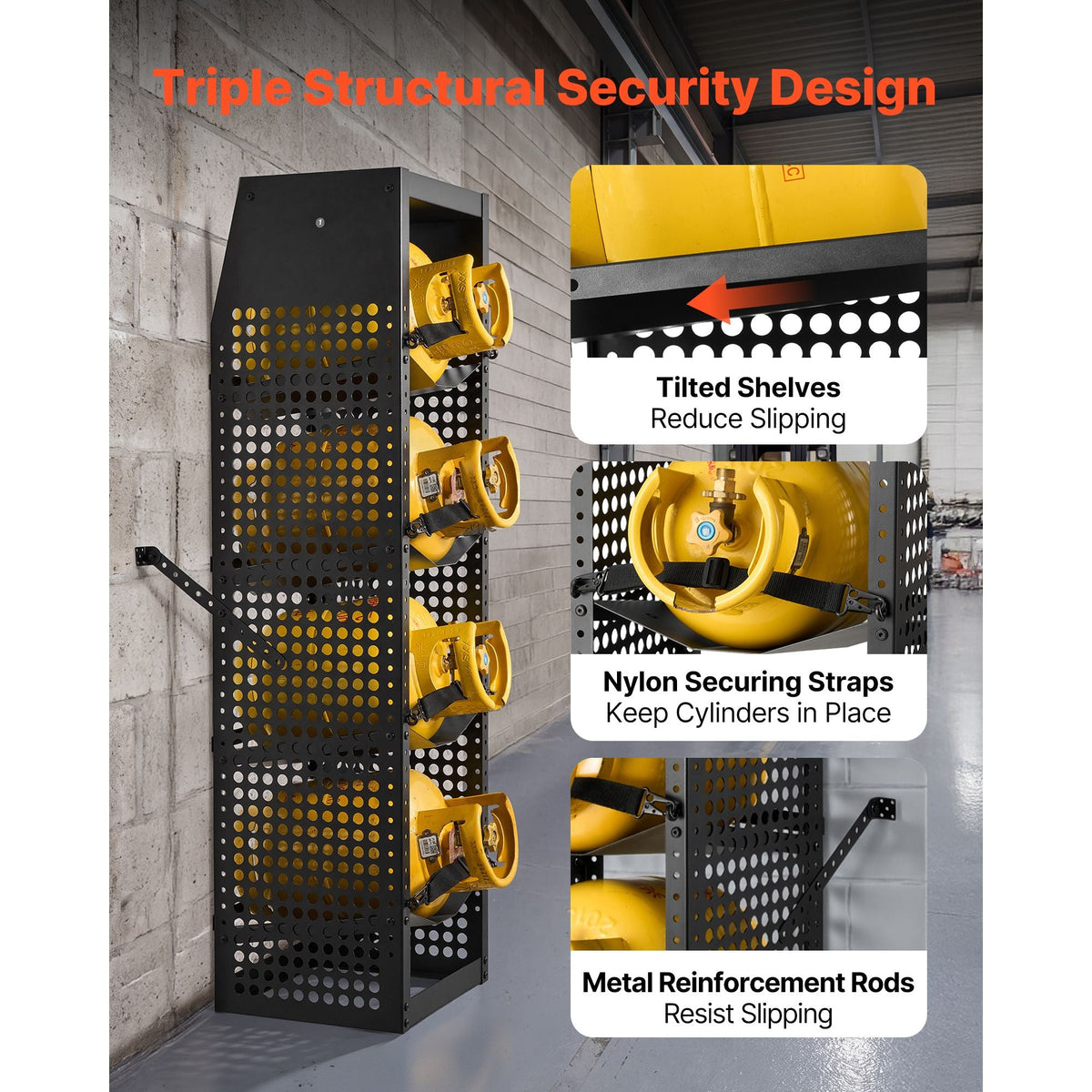 Refrigerant Tank Rack, 14.8 x 13 x 52 inches, 4 Tiers for 4 Cylinder, with Top Storage Shelf, Black Powder-Coated Carbon Steel, Cylinder Tank Rack for Cargo Van, Storing Oxygen, and Nitrogen