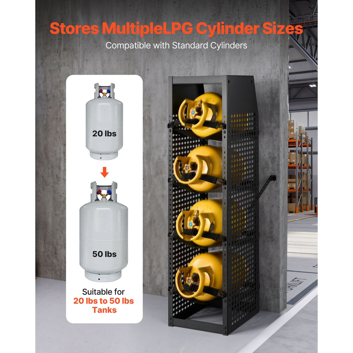 Refrigerant Tank Rack, 14.8 x 13 x 52 inches, 4 Tiers for 4 Cylinder, with Top Storage Shelf, Black Powder-Coated Carbon Steel, Cylinder Tank Rack for Cargo Van, Storing Oxygen, and Nitrogen