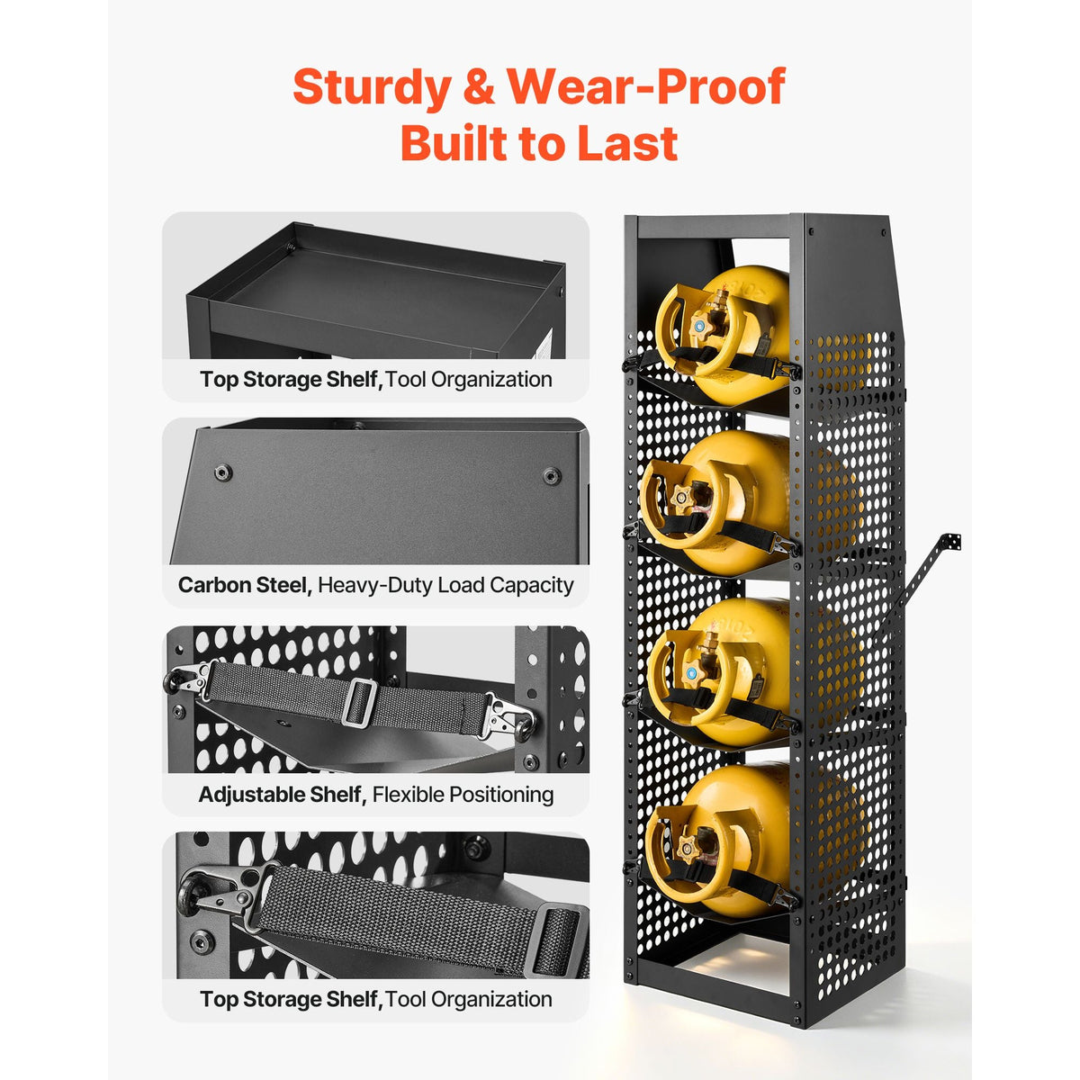 Refrigerant Tank Rack, 14.8 x 13 x 52 inches, 4 Tiers for 4 Cylinder, with Top Storage Shelf, Black Powder-Coated Carbon Steel, Cylinder Tank Rack for Cargo Van, Storing Oxygen, and Nitrogen