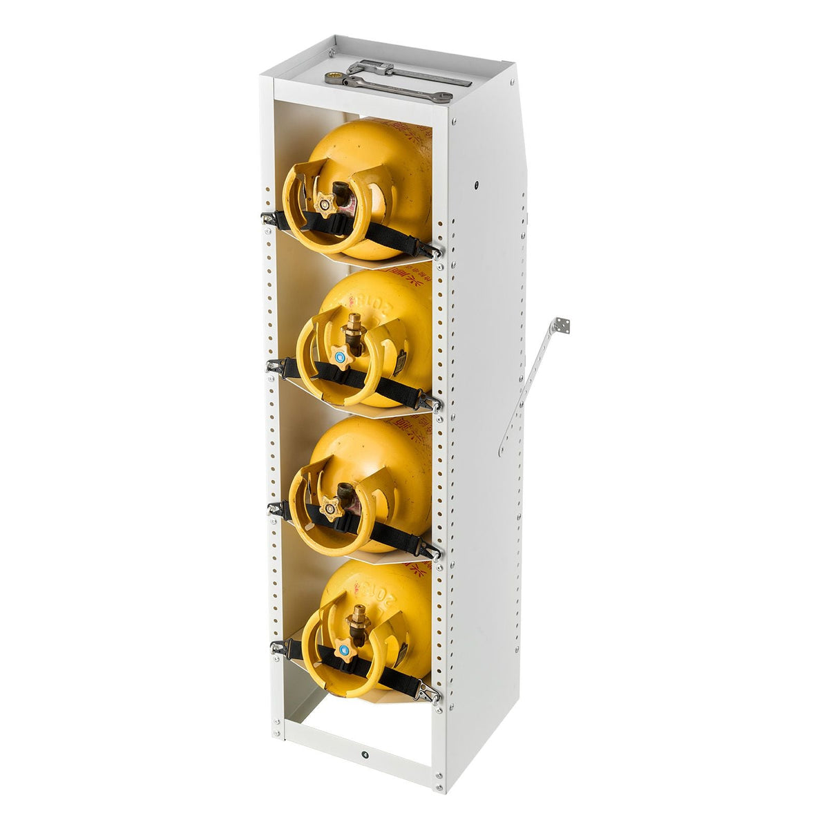 Refrigerant Tank Rack, 14.8 x 13 x 52 inches, 4 Tiers for 4 Cylinder, with Top Storage Shelf, White Powder-Coated Carbon Steel, Cylinder Tank Rack for Cargo Van, Storing Oxygen, and Nitrogen