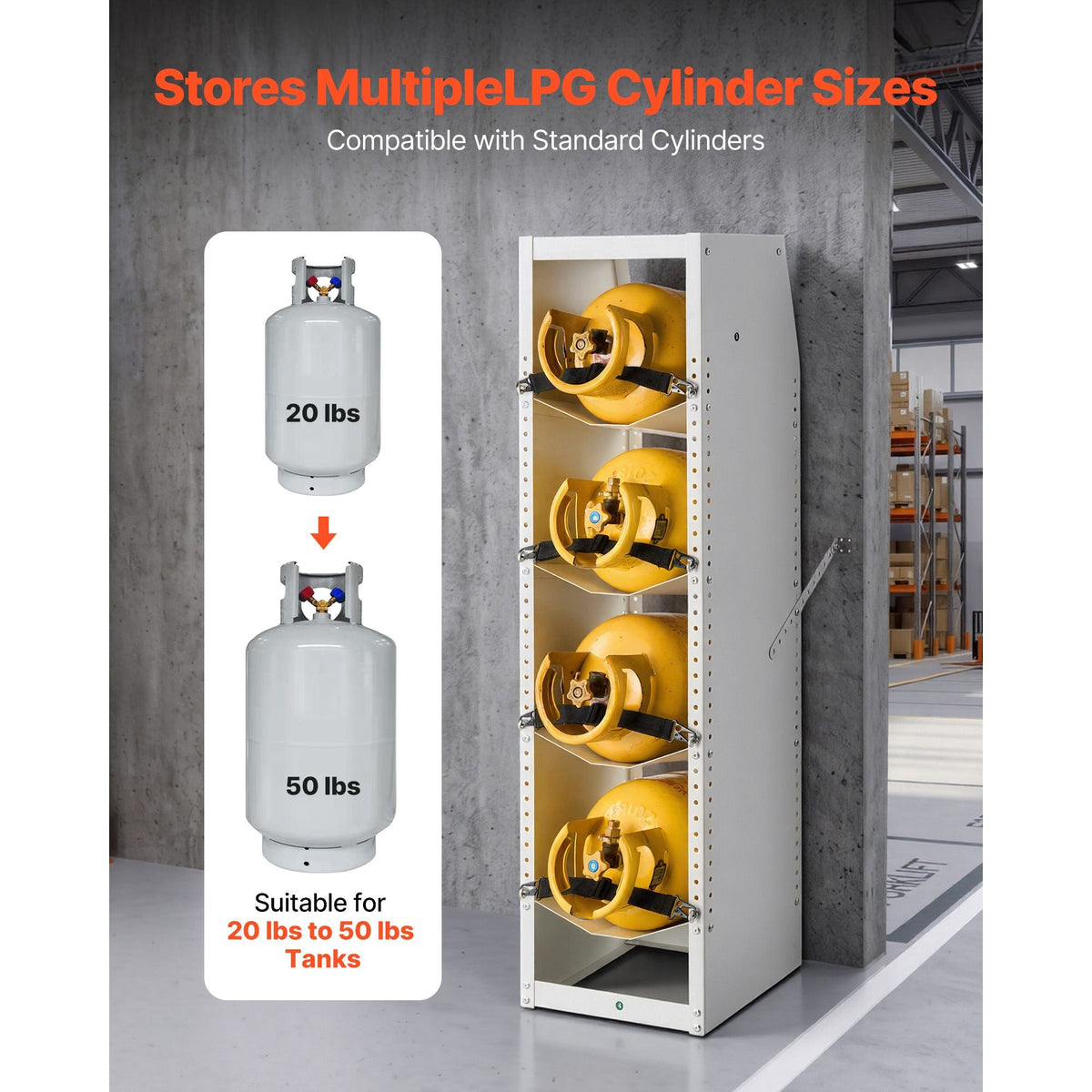 Refrigerant Tank Rack, 14.8 x 13 x 52 inches, 4 Tiers for 4 Cylinder, with Top Storage Shelf, White Powder-Coated Carbon Steel, Cylinder Tank Rack for Cargo Van, Storing Oxygen, and Nitrogen