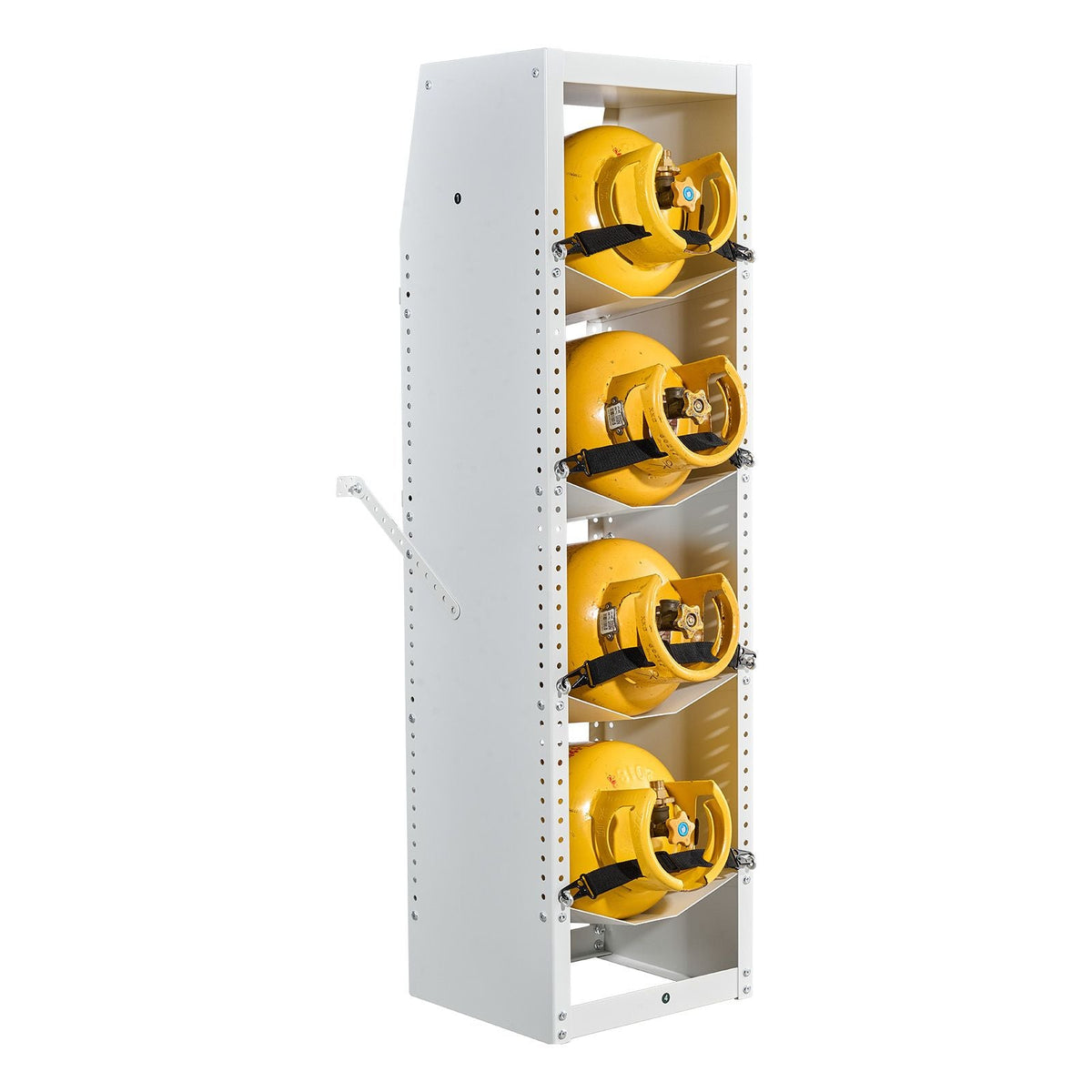 Refrigerant Tank Rack, 14.8 x 13 x 52 inches, 4 Tiers for 4 Cylinder, with Top Storage Shelf, White Powder-Coated Carbon Steel, Cylinder Tank Rack for Cargo Van, Storing Oxygen, and Nitrogen