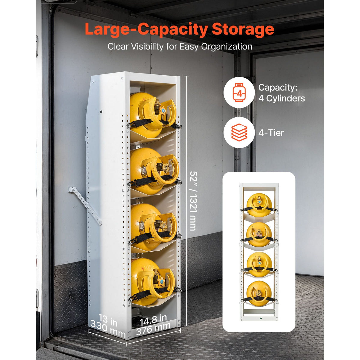 Refrigerant Tank Rack, 14.8 x 13 x 52 inches, 4 Tiers for 4 Cylinder, with Top Storage Shelf, White Powder-Coated Carbon Steel, Cylinder Tank Rack for Cargo Van, Storing Oxygen, and Nitrogen