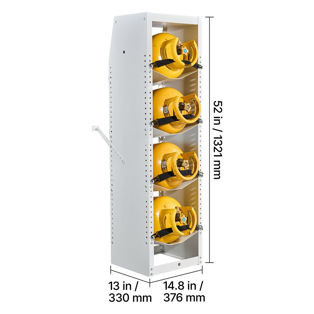 Refrigerant Tank Rack, 14.8 x 13 x 52 inches, 4 Tiers for 4 Cylinder, with Top Storage Shelf, White Powder-Coated Carbon Steel, Cylinder Tank Rack for Cargo Van, Storing Oxygen, and Nitrogen