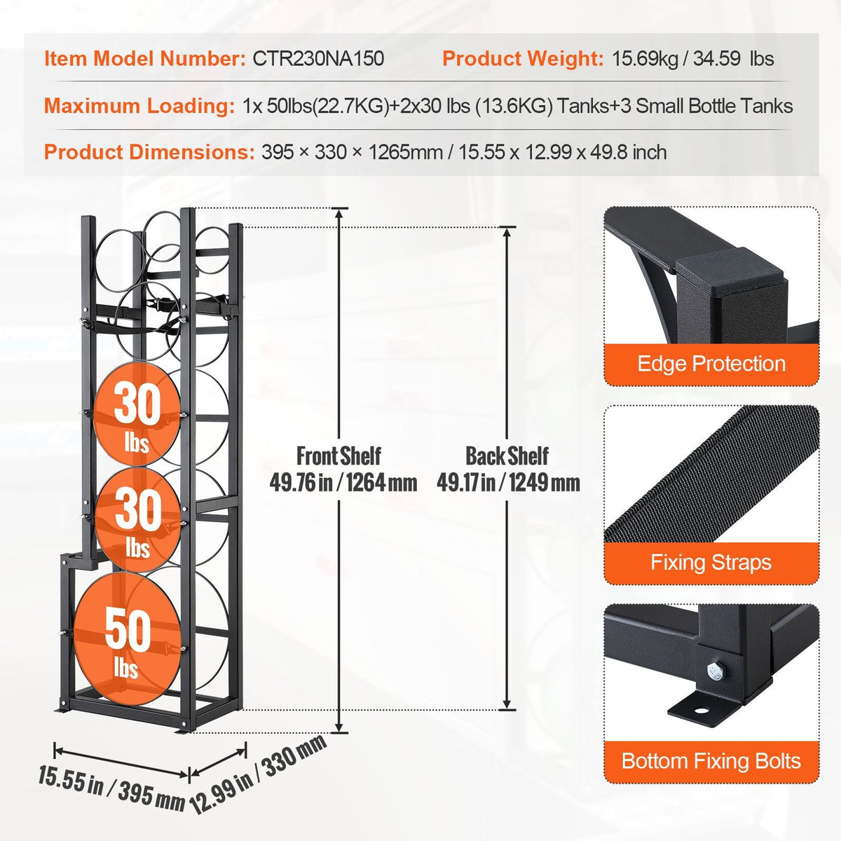 Refrigerant Tank Rack, with 1 x 50lb, 2 x 30lb and Other 3 Small Bottle Tanks, Cylinder Tank Rack 15.55x12.99x49.8 in, Refrigerant Cylinder Rack and Holders for Freon, Gases, Oxygen, Nitrogen