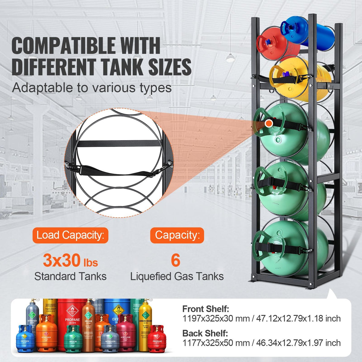 Refrigerant Tank Rack, with 3 x 30lbs and Other 3 Small Bottle Tanks, Cylinder Tank Rack 12.79x12.99x47.12 in, Refrigerant Cylinder Rack and Holders for Freon, Gases, Oxygen, Nitrogen