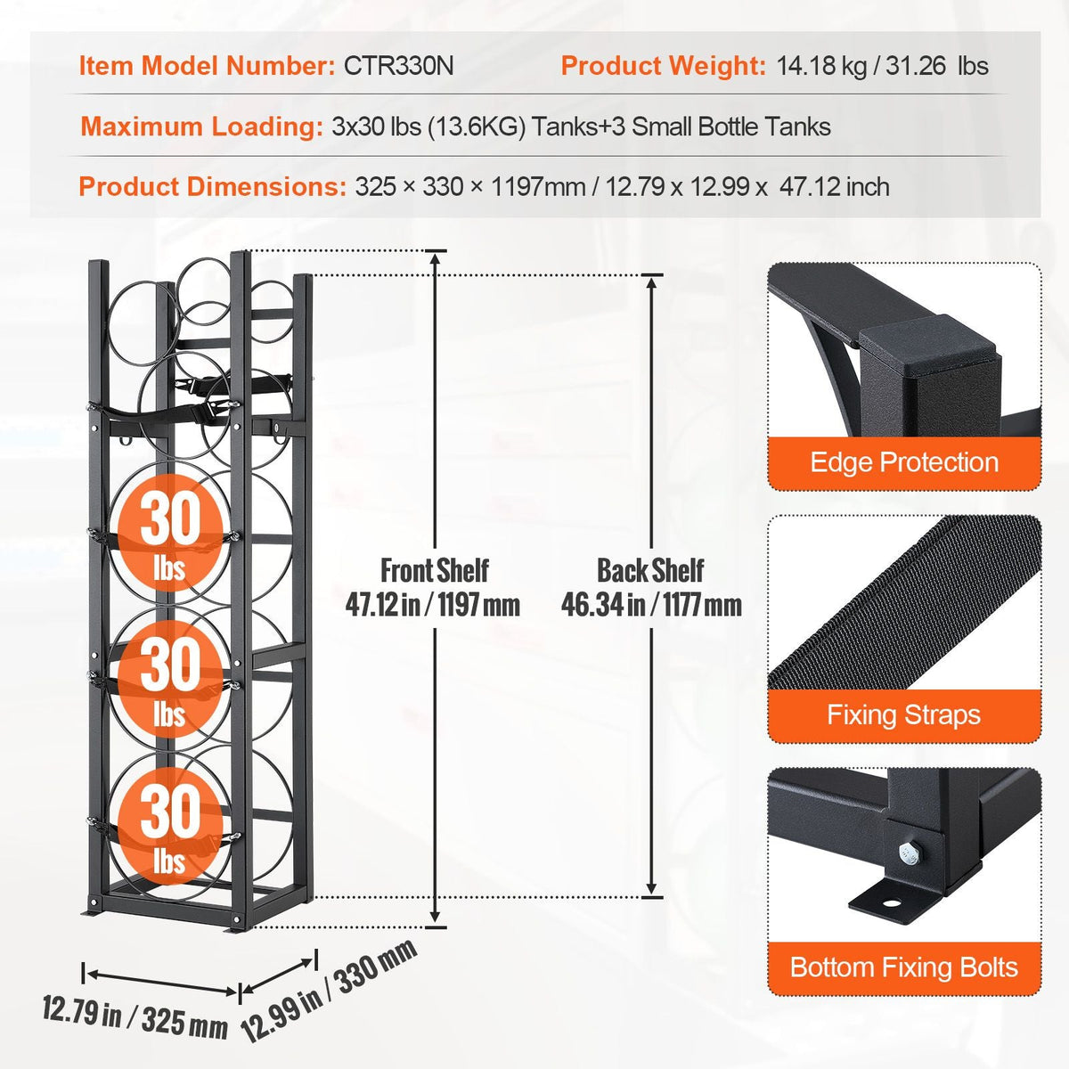 Refrigerant Tank Rack, with 3 x 30lbs and Other 3 Small Bottle Tanks, Cylinder Tank Rack 12.79x12.99x47.12 in, Refrigerant Cylinder Rack and Holders for Freon, Gases, Oxygen, Nitrogen