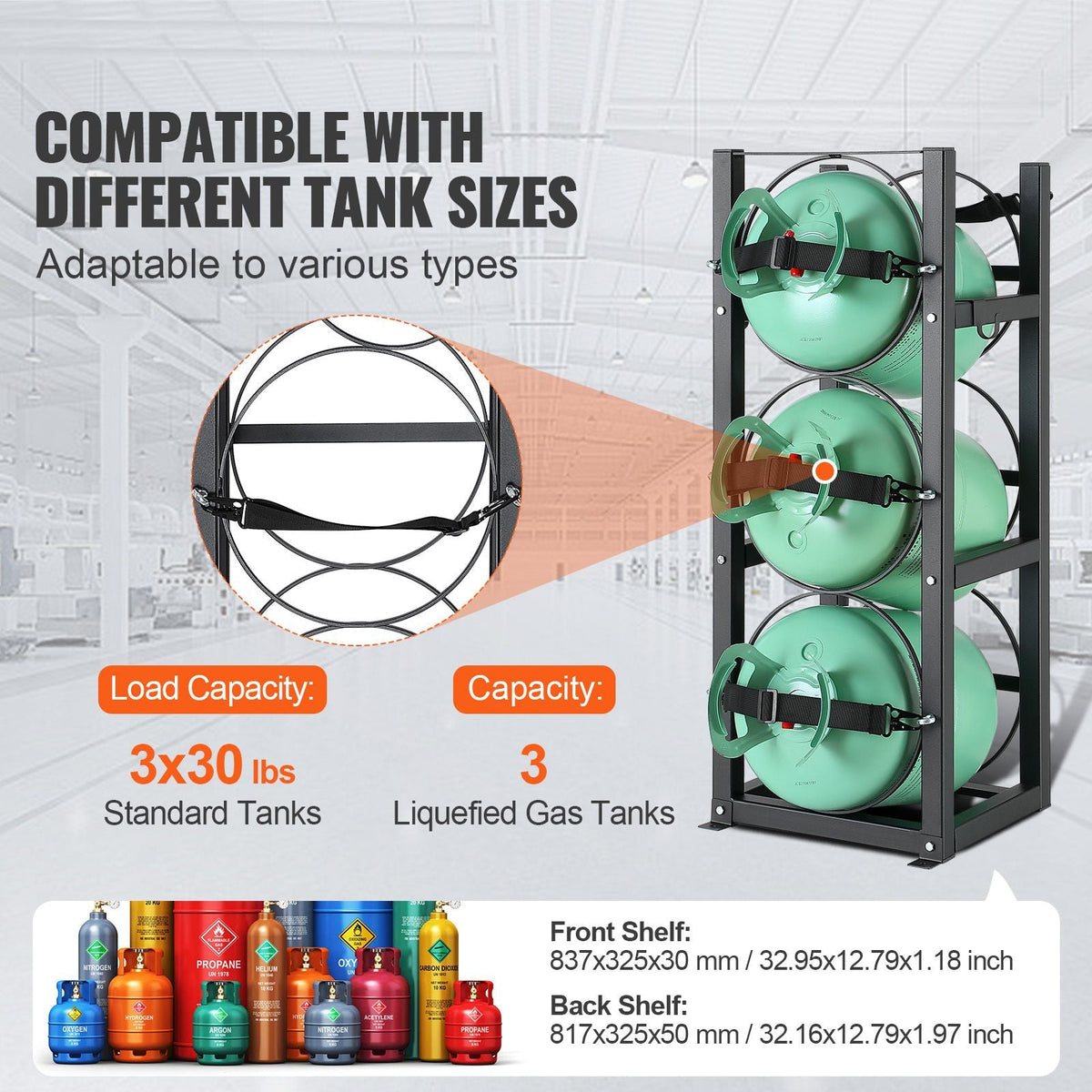 Refrigerant Tank Rack, with 3 x 30lbs Bottle Tanks, Cylinder Tank Rack 12.79x12.99x33.07 in, Refrigerant Cylinder Rack Gas Cylinder Racks and Holders for Freon, Gases, Oxygen, Nitrogen