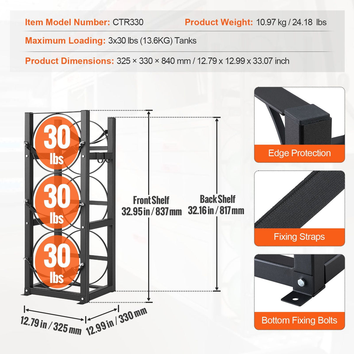 Refrigerant Tank Rack, with 3 x 30lbs Bottle Tanks, Cylinder Tank Rack 12.79x12.99x33.07 in, Refrigerant Cylinder Rack Gas Cylinder Racks and Holders for Freon, Gases, Oxygen, Nitrogen
