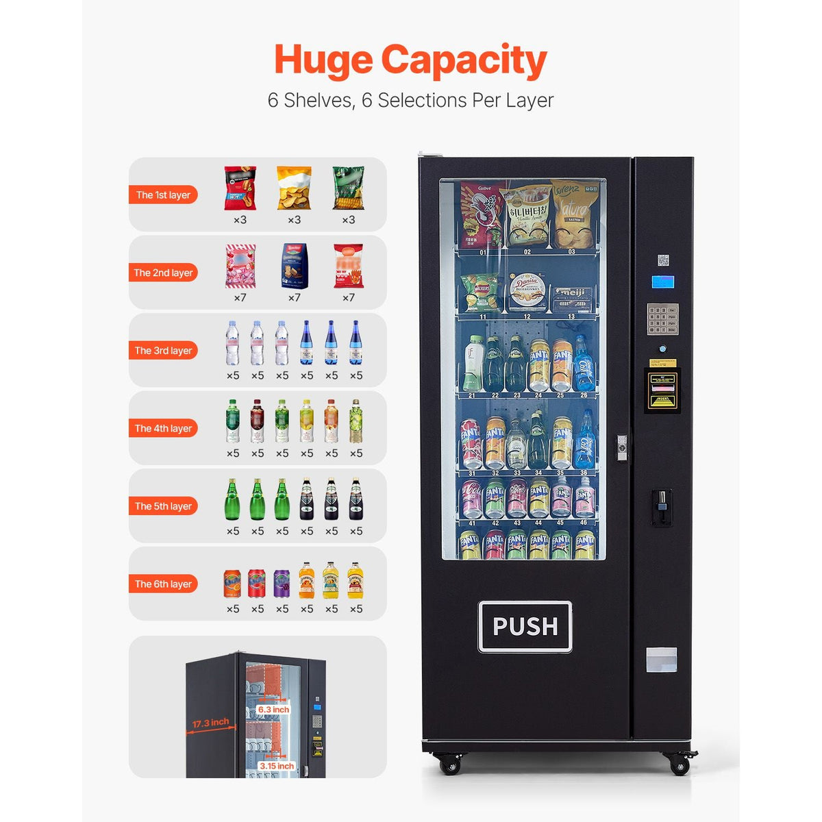 Refrigerated Combo Vending Machine, 36 Slots Commercial Snack Soda Drink Vending Machine with ICT Bill/Coin Acceptor, 6-layer Large Capacity for Business, Shopping Mall, Office, School