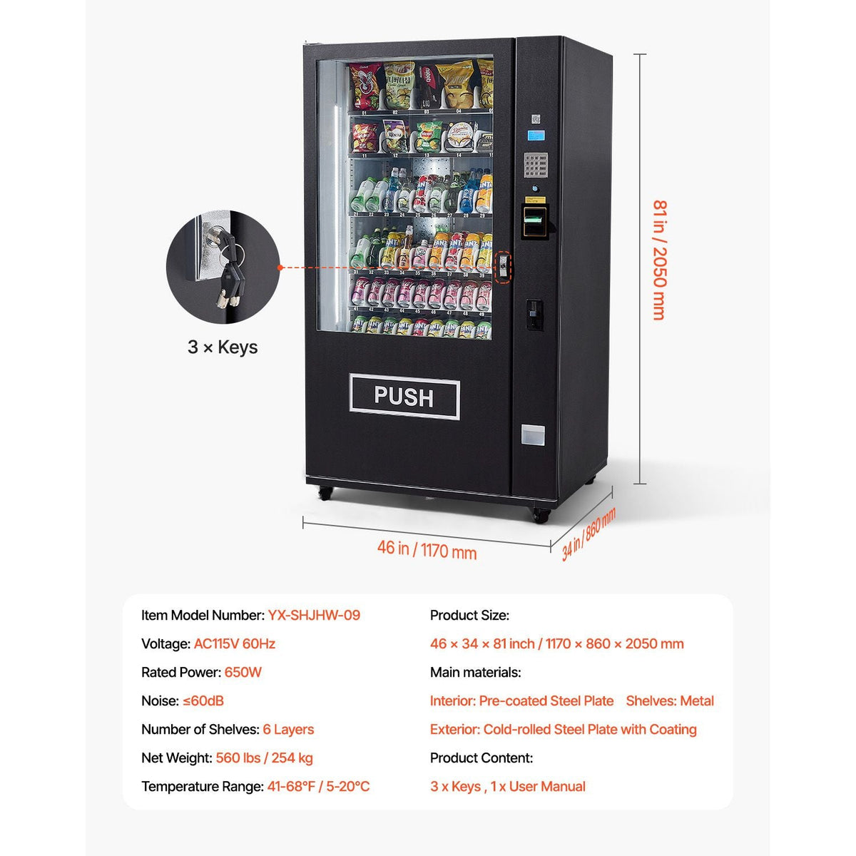 Refrigerated Combo Vending Machine, 60 Slots Commercial Snack Soda Drink Vending Machine with ICT Bill/Coin Acceptor, 6-layer Large Capacity for Business, Shopping Mall, Office, School