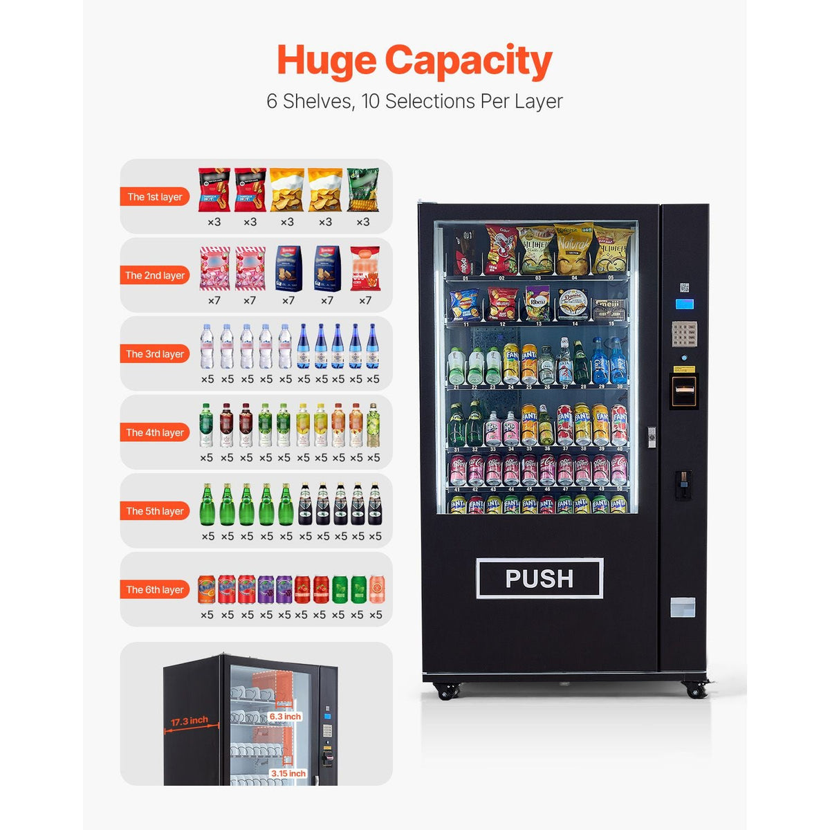 Refrigerated Combo Vending Machine, 60 Slots Commercial Snack Soda Drink Vending Machine with ICT Bill/Coin Acceptor, 6-layer Large Capacity for Business, Shopping Mall, Office, School