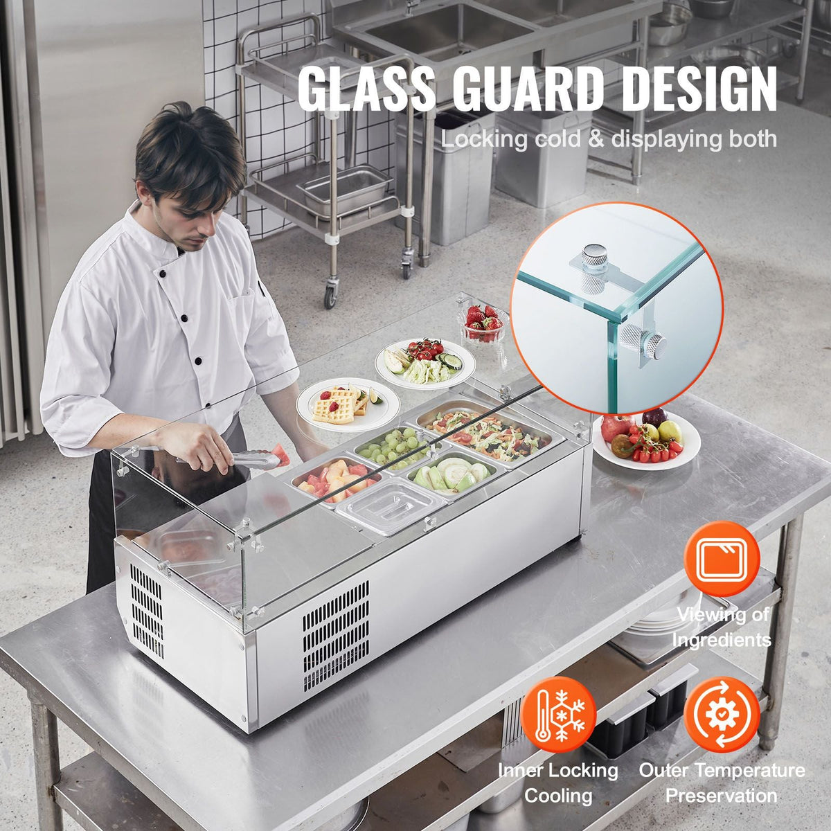 Refrigerated Condiment Prep Station, 130 W Countertop Refrigerated Condiment Station, with 1 1/3 Pan & 4 1/6 Pans, 304 Stainless Body and PC Lid, Sandwich Prep Table with Glass Guard, ETL