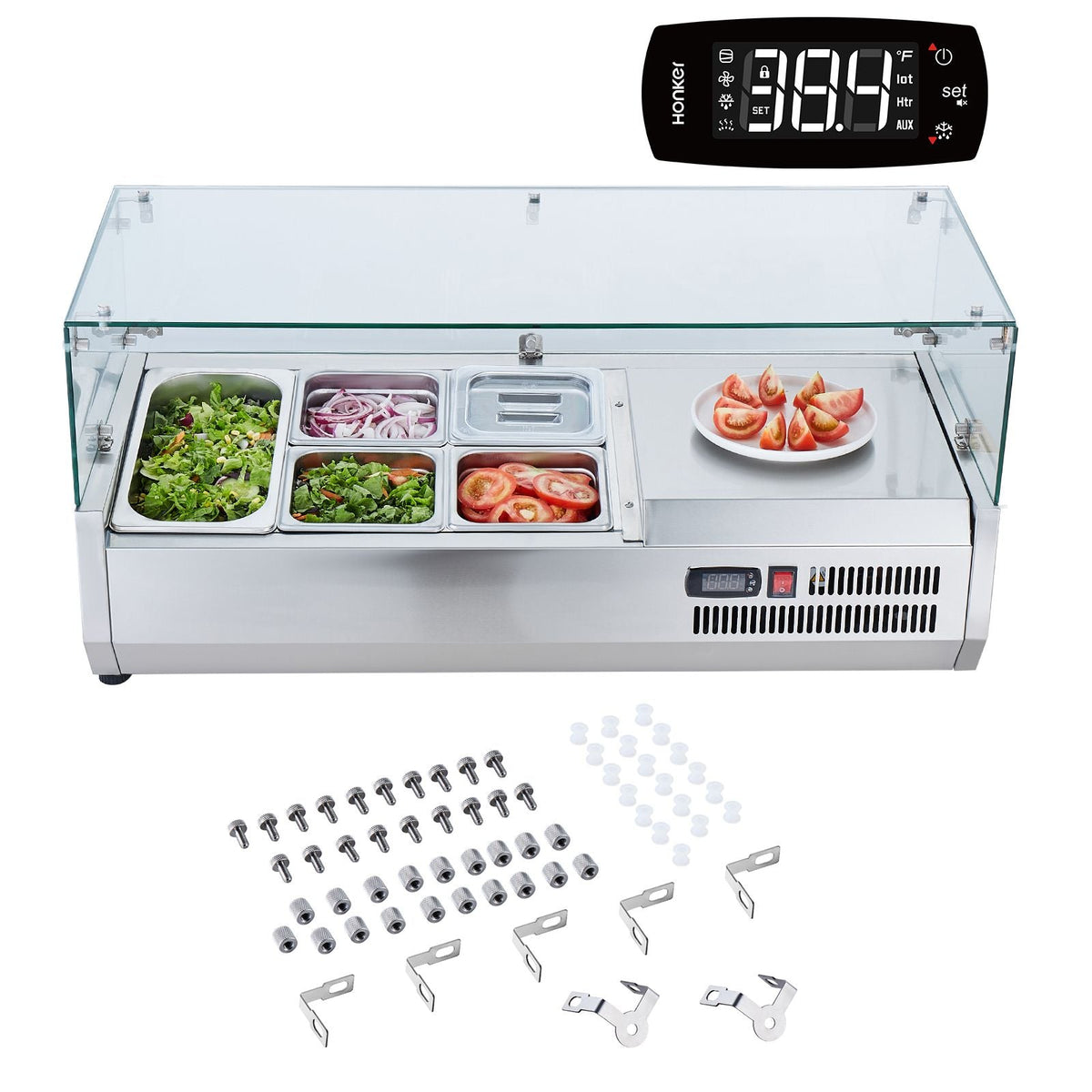 Refrigerated Condiment Prep Station, 130 W Countertop Refrigerated Condiment Station, with 1 1/3 Pan & 4 1/6 Pans, 304 Stainless Body and PC Lid, Sandwich Prep Table with Glass Guard, ETL